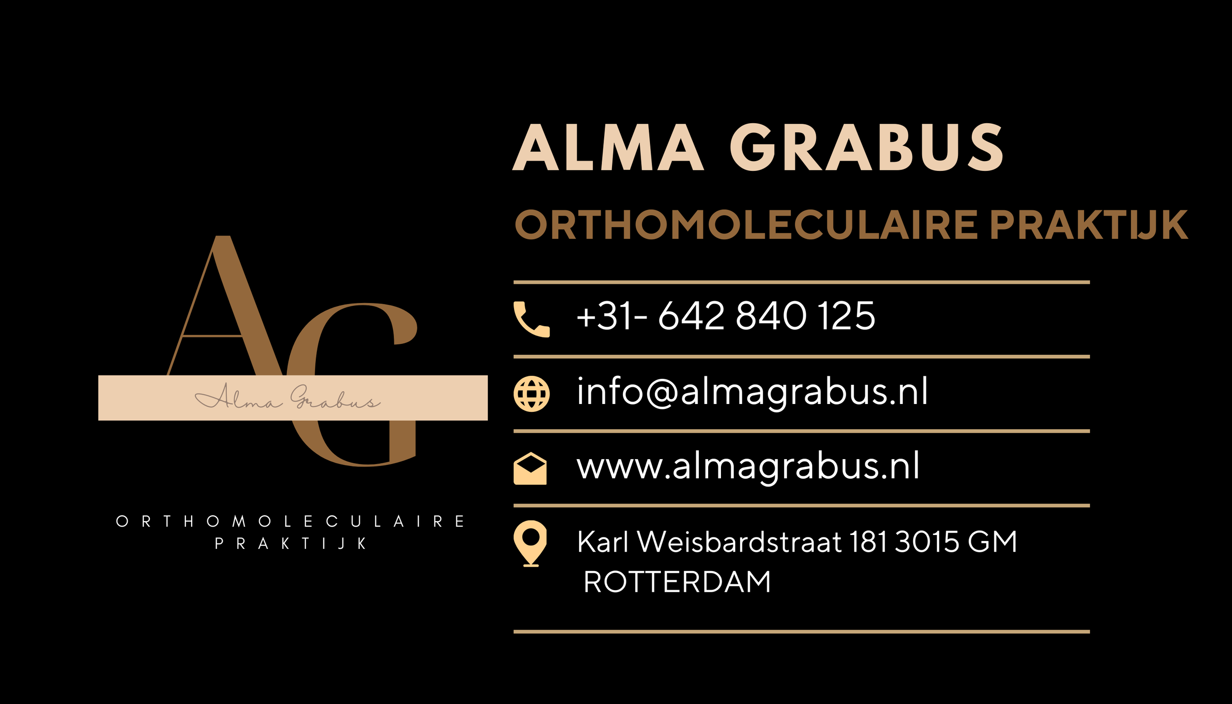 Visitekaartje van Alma Grabus, orthomoleculair therapeut met contactinformatie en locatie in Rotterdam.