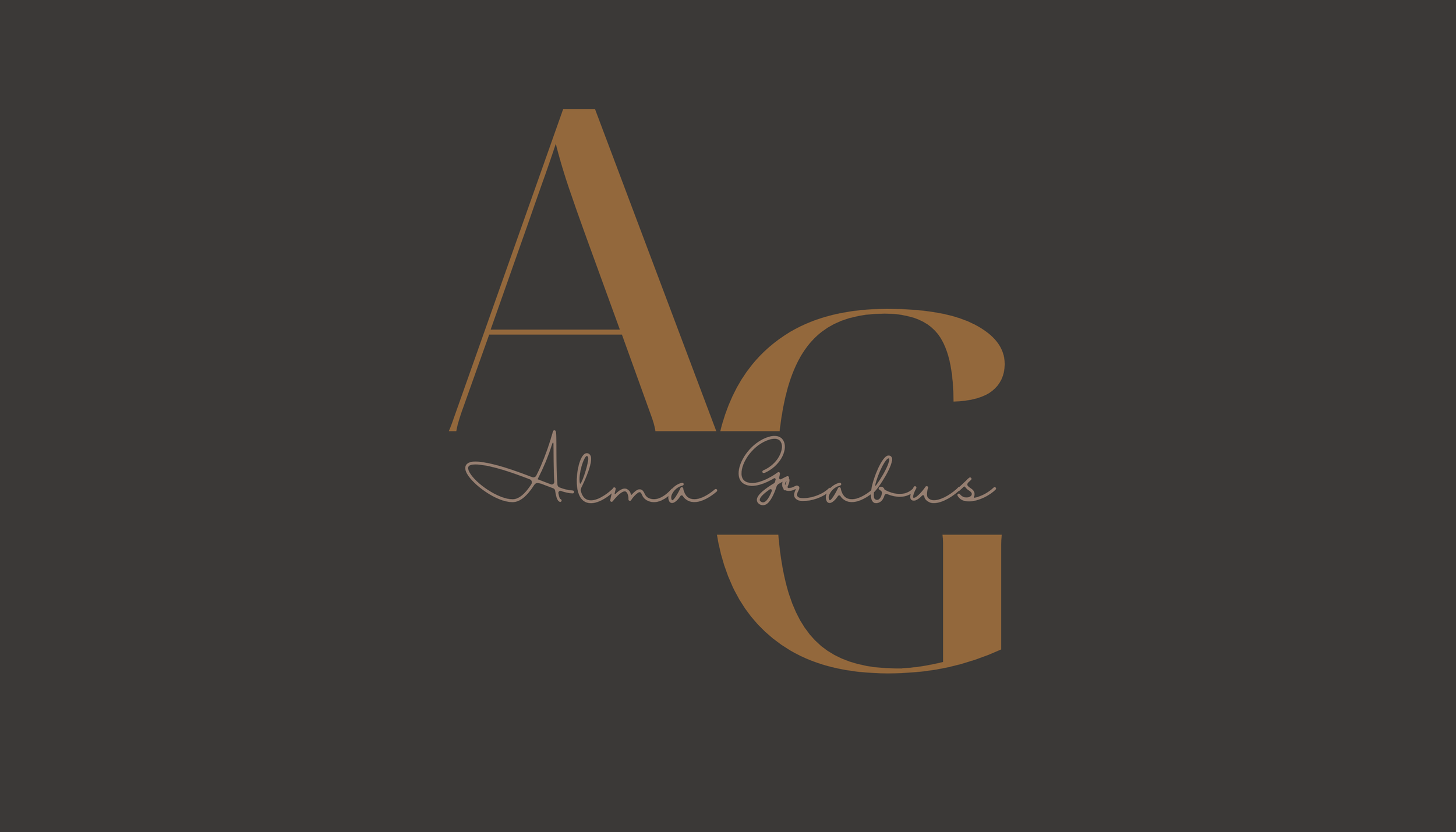 Logo met de letters A en G in bruin op een zwarte achtergrond, met de naam 'Alma Grabus' in sierlijk schrift eronder.