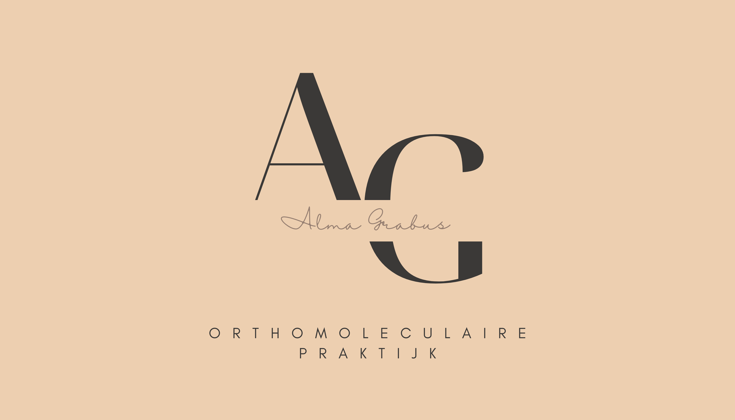 Logo met grote letters A en G, met de tekst 'Alma Grabus' eronder, en de woorden 'Orthomoleculaire Praktijk' onderaan op een beige achtergrond.