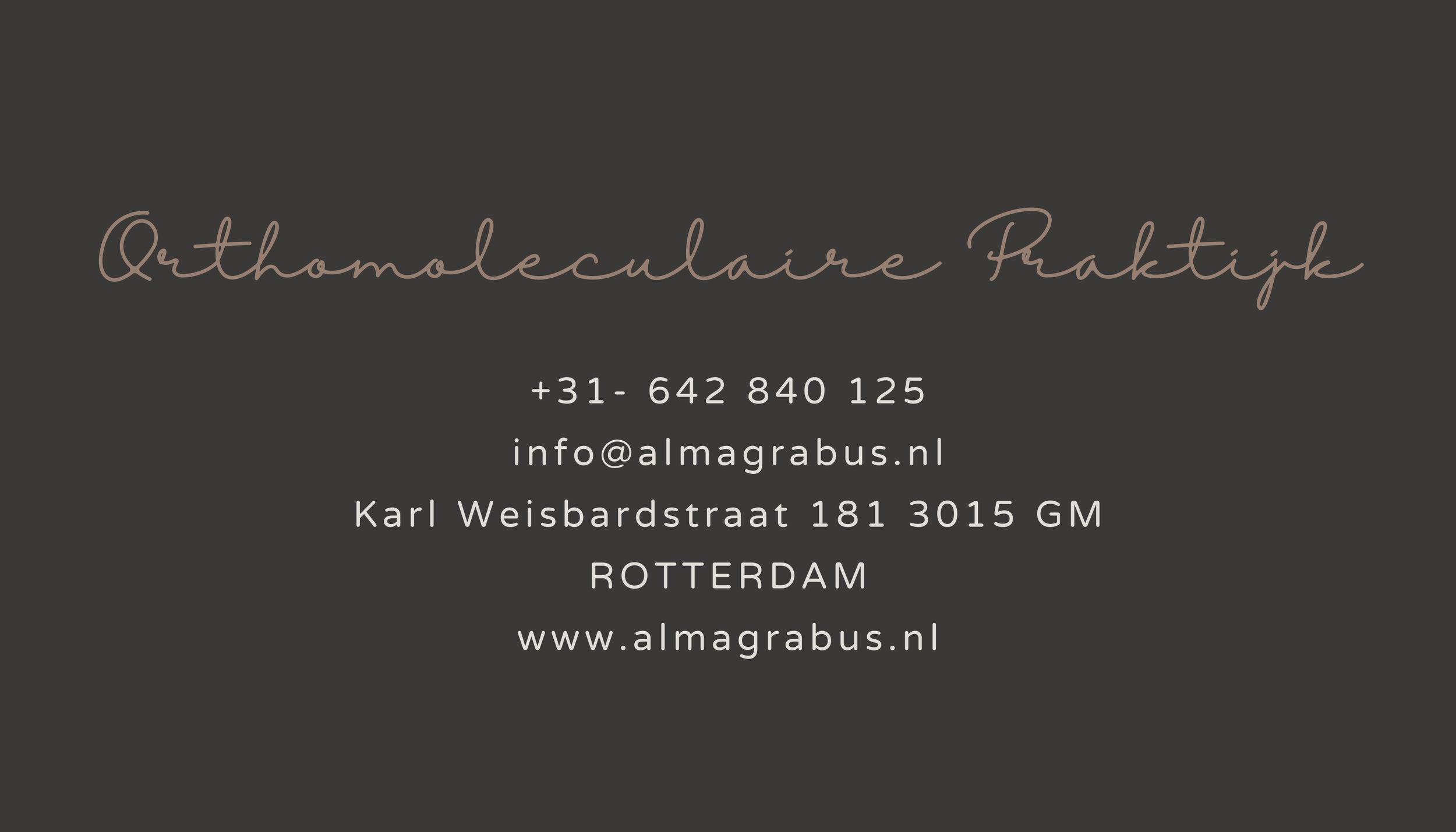 Visitekaartje met contactgegevens en bedrijfsnaam 'Orthomoleculeaire Praktijk', inclusief telefoonnummer, e-mailadres, adres en website.
