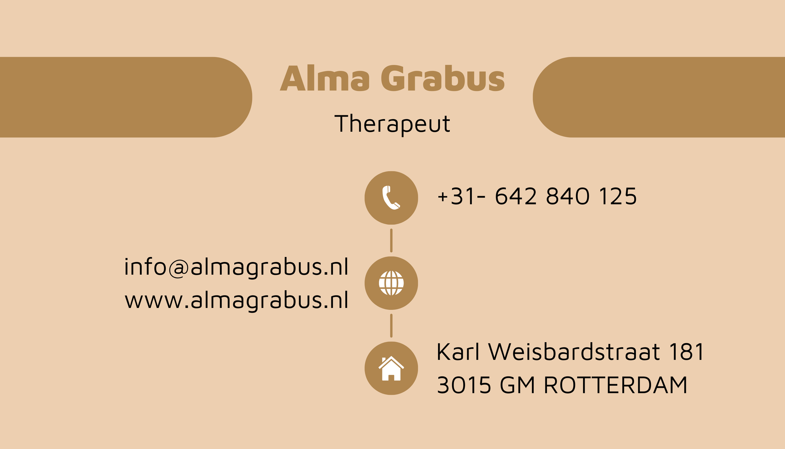 Visitekaartje met naam Alma Grabus, beroep therapeut, telefoonnummer +31-642 840 125, e-mail info@almagrabus.nl, website www.almagrabus.nl, adres Karl Weisbardstraat 181, 3015 GM Rotterdam.