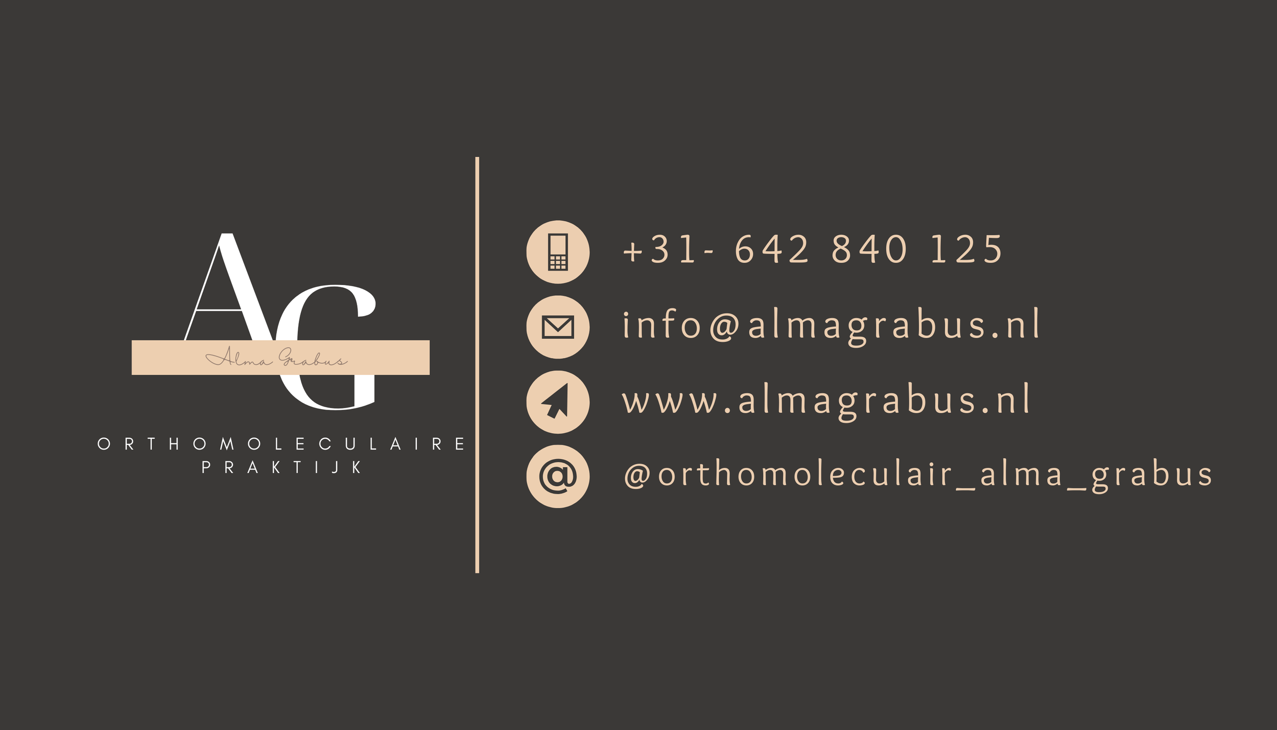 Visitekaartje voor een orthomoleculaire therapeut met contactgegevens, website, e-mail, telefoonnummer en social media handles.