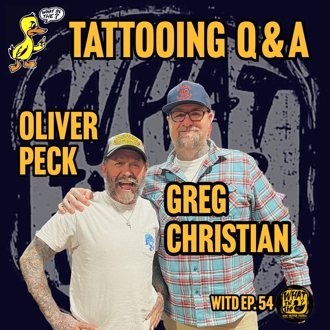 Podcast cover for "Tattooing Q & A" featuring Oliver Peck and Greg Christian, with cartoon duck in the top left corner, black background with a faint tattoo design, and text in yellow and black.