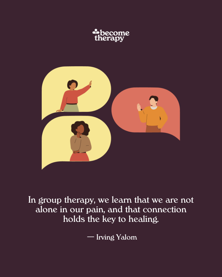 Illustration of three people in speech bubbles with a quote about group therapy for healing.
