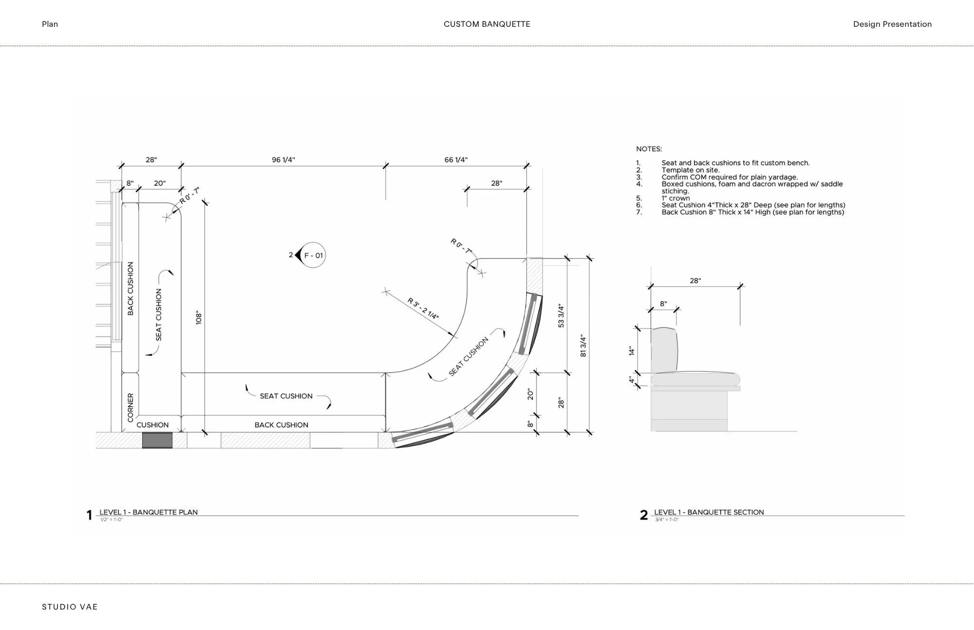 Technical plan and section drawing of a curved banquette, with dimensions and notes for seat and back cushion construction, including a 28-inch seat section detail.