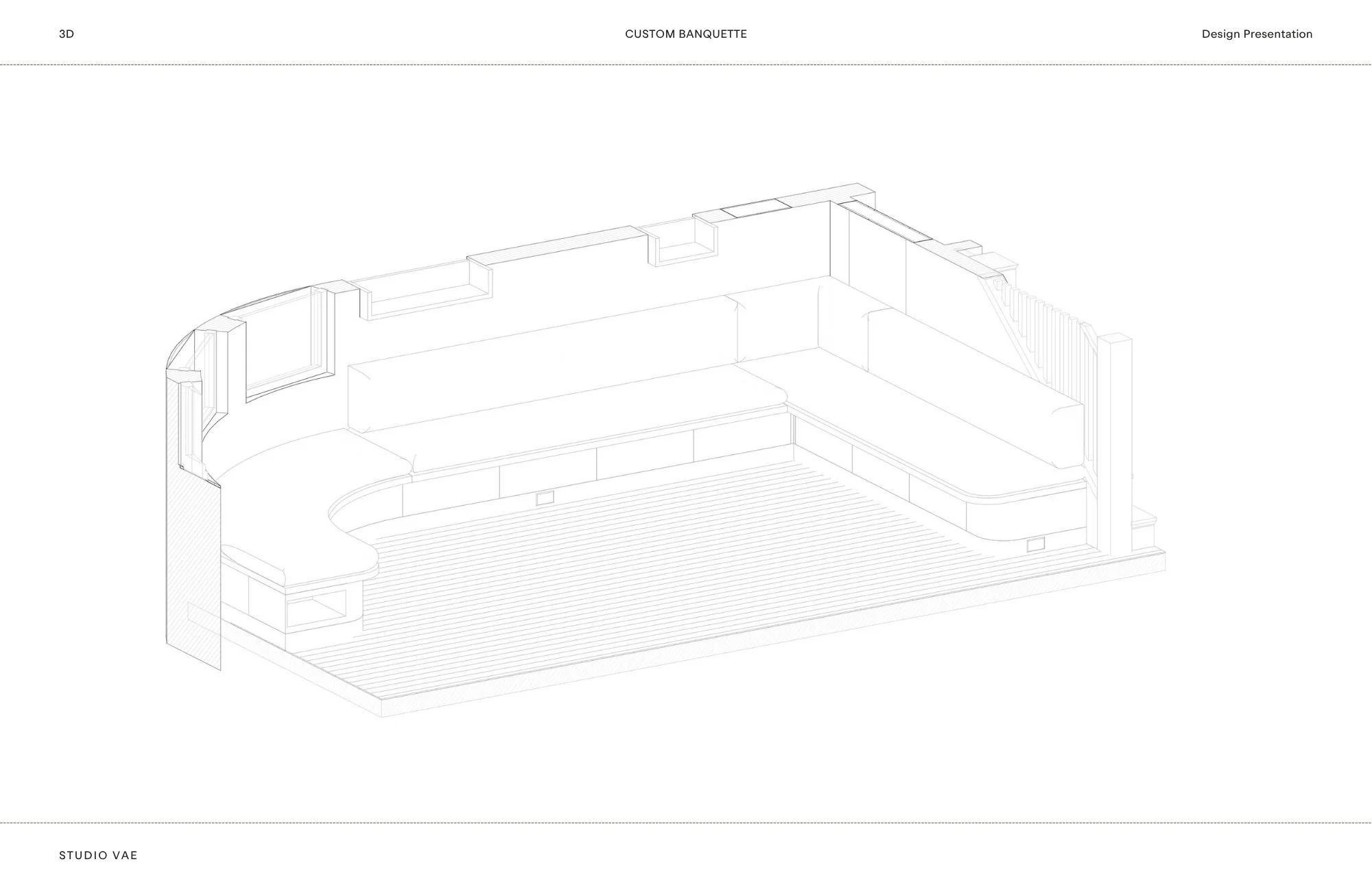 Axonometric line drawing of a custom curved banquette and built-in millwork, showing the bench seating, shelving, and staircase in wireframe detail.