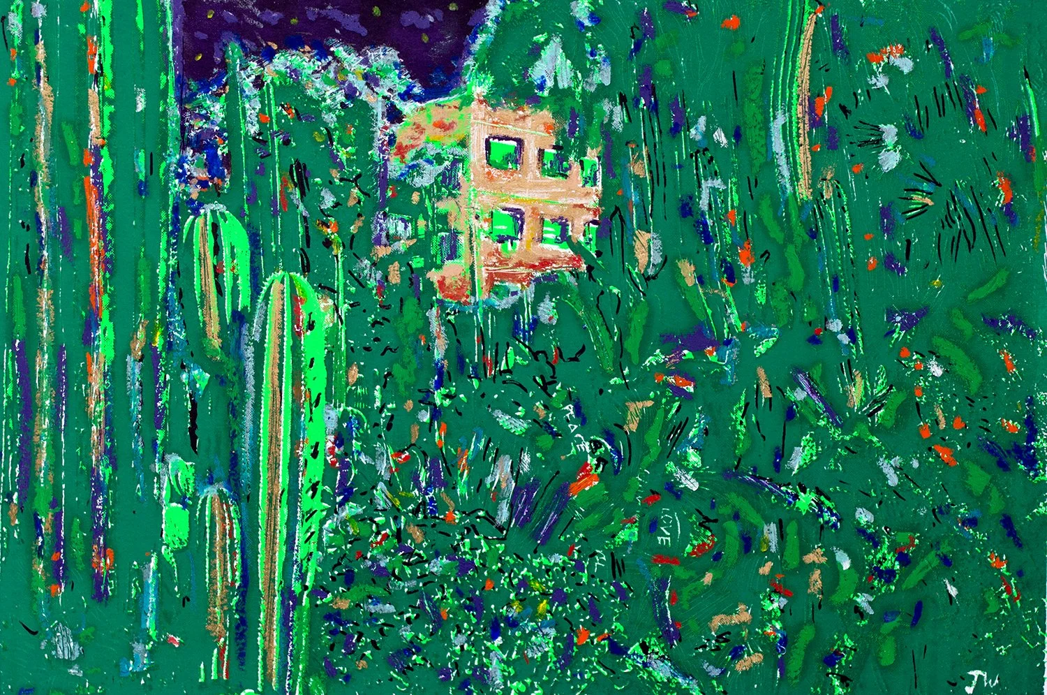Garden in Marrakesh - screen print on paper, oil pastels