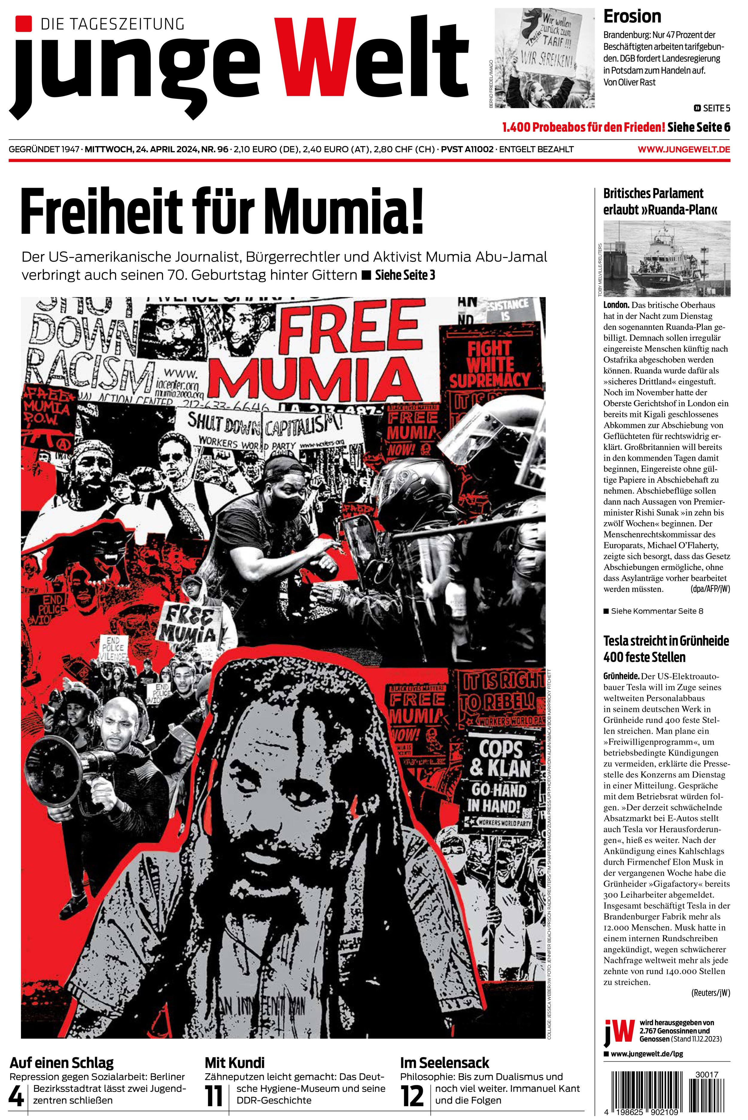 A collage I made for the title page of the junge Welt newspaper in April 2024, demanding the long overdue freedom for MUMIA ABU-JAMAL on his 70th birthday.