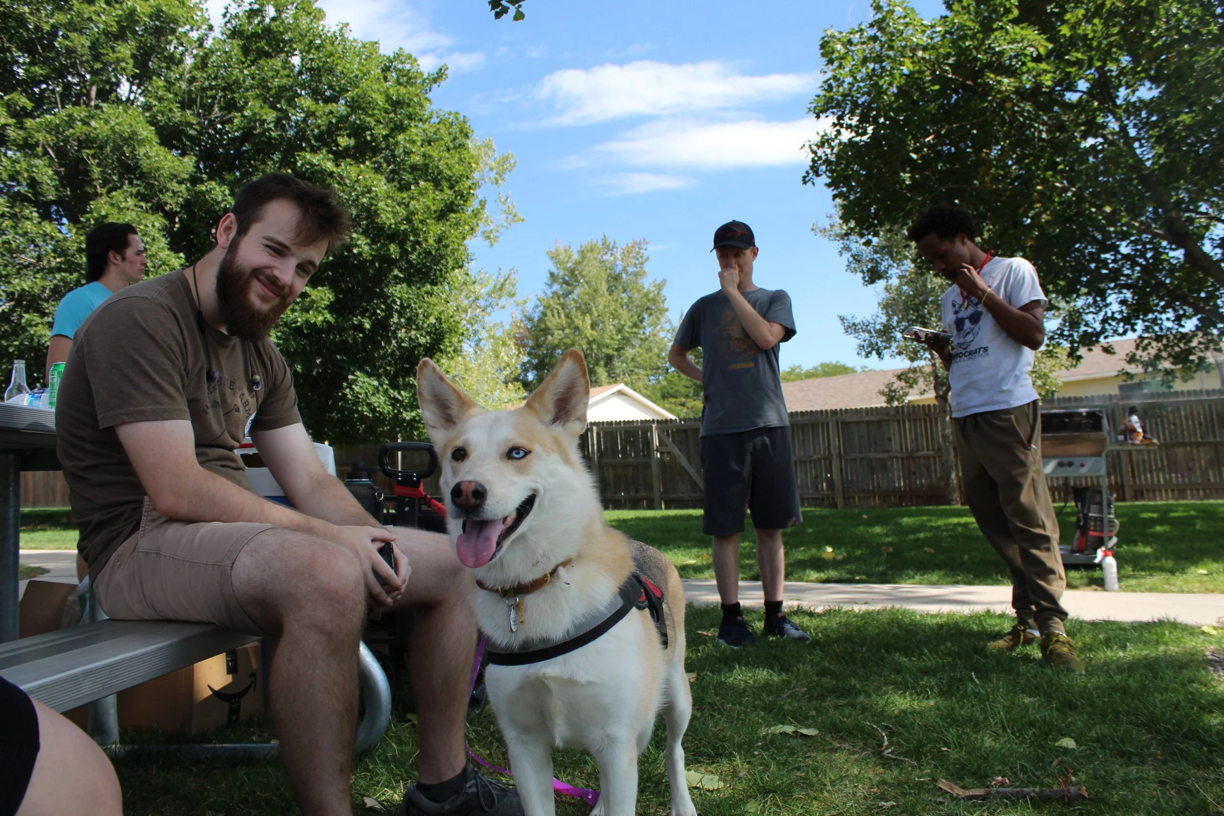 Group of people relaxing outdoors with a dog in the foreground.