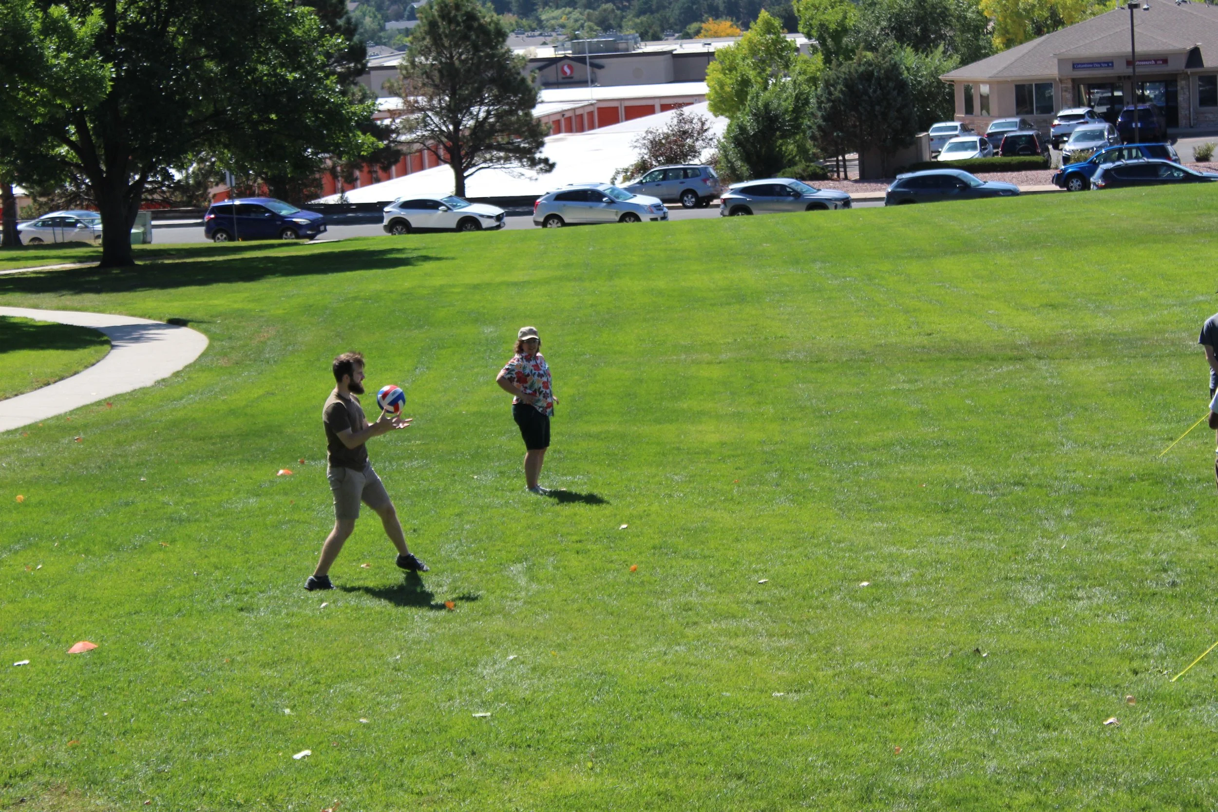 People playing with a ball on a grassy field near parked cars and trees.
