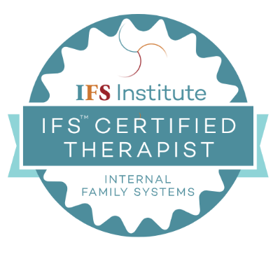A circular badge with a blue and white color scheme, featuring the IFS Institute logo at the top and text that reads 'IFS Certified Therapist' and 'Internal Family Systems' at the bottom.