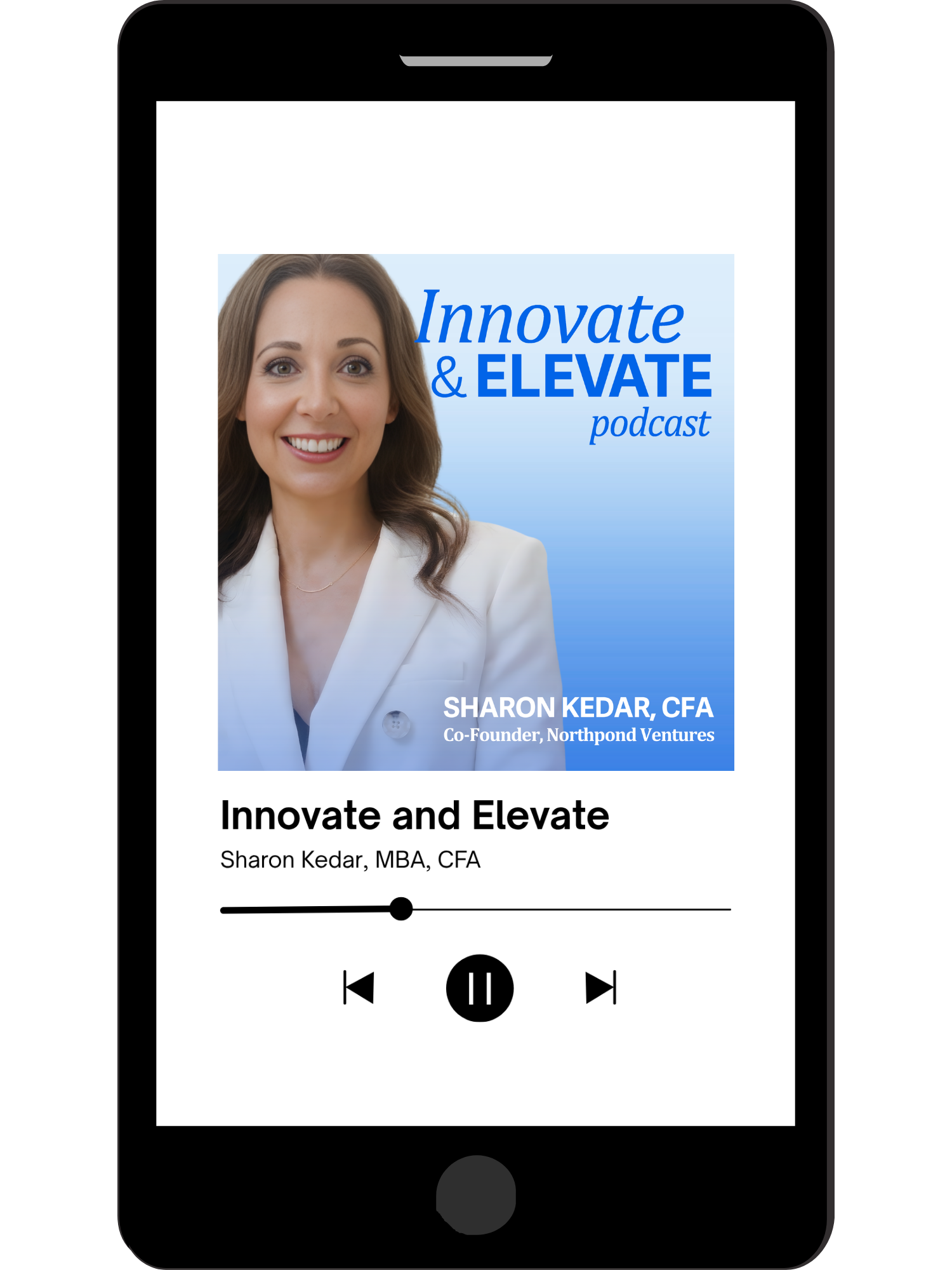 An device framing a podcast app player with the Innovate and Elevate podcast by Sharon Kedar, MBA, CFA playing.