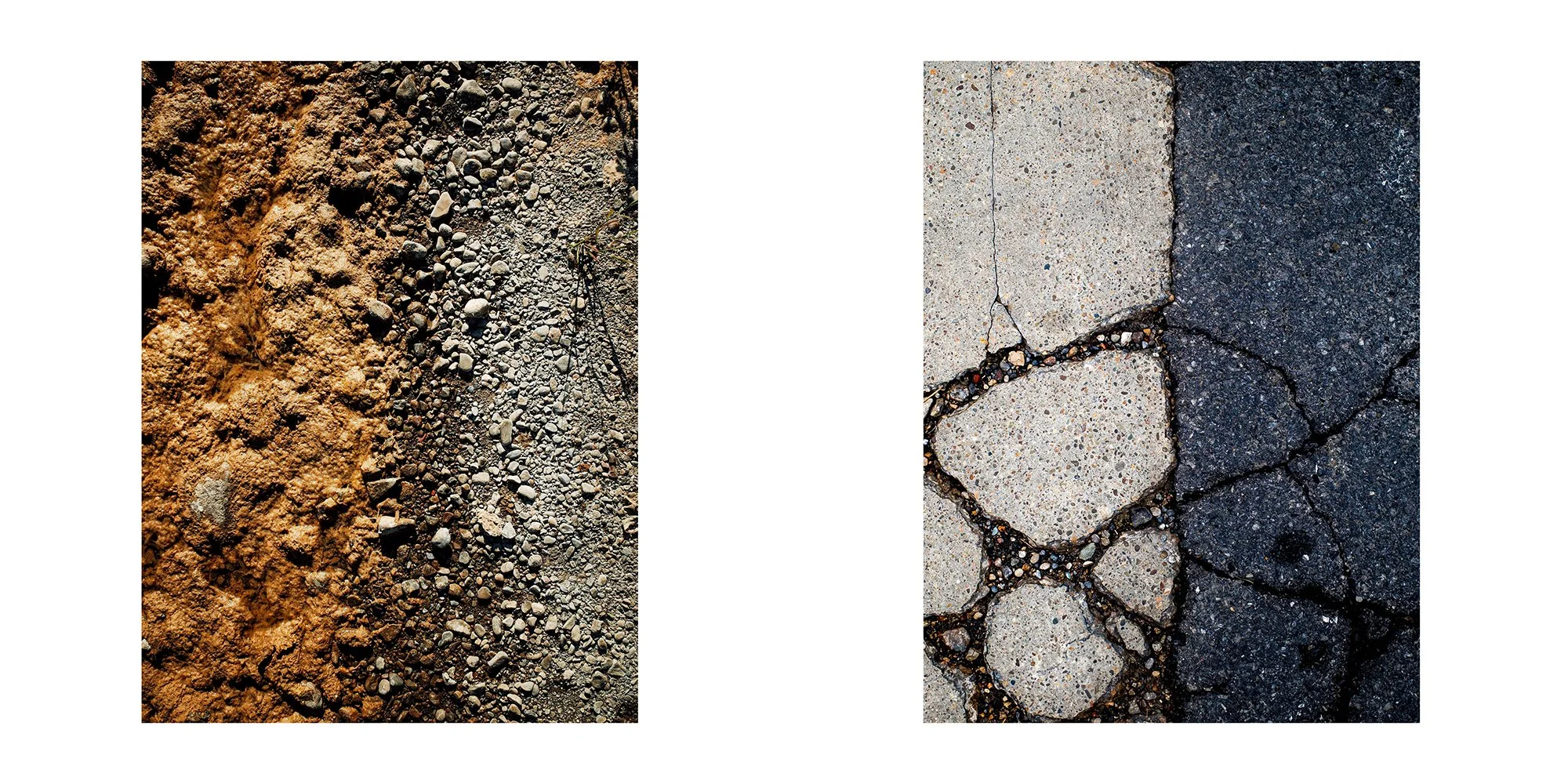 Two close-up photographs of different ground surfaces: the left shows dirt and small rocks, and the right shows cracked pavement with concrete and asphalt.