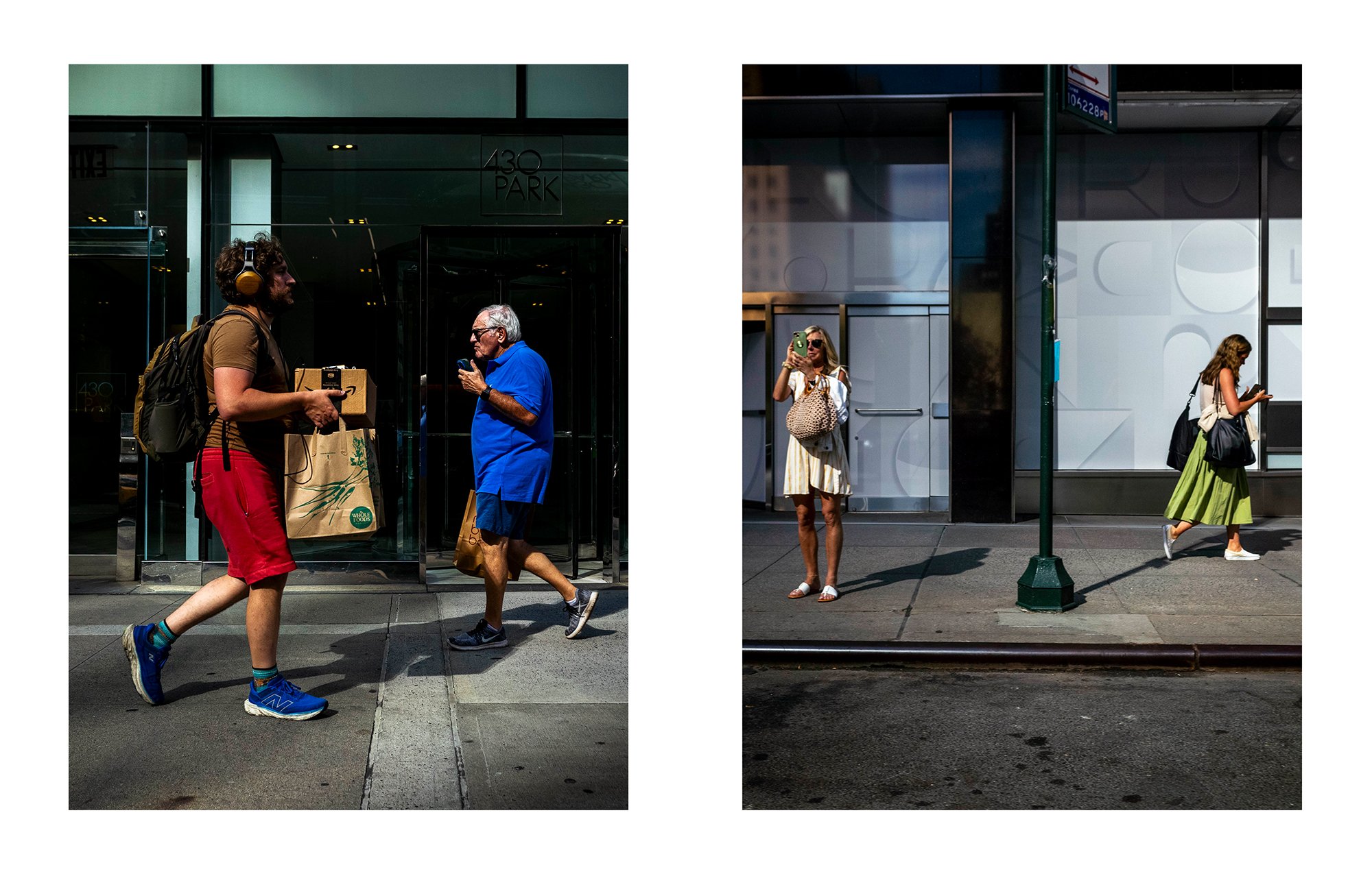 Two side-by-side street scenes with pedestrians. The left scene shows a man and a woman walking past a glass building, with the man wearing headphones, a backpack, and red shorts, and the woman in a white dress with a large bag. The right scene has t