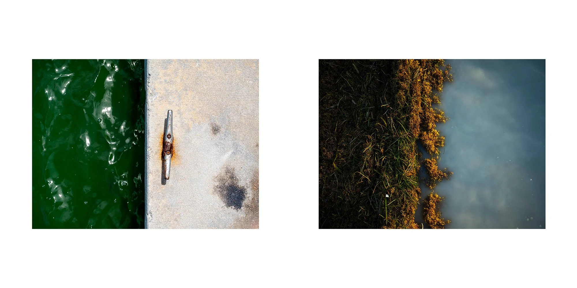 Close-up view of a dock cleat rusted on concrete with green water to the left, and a scene of a grassy shoreline with bushes and water under a cloudy sky to the right.