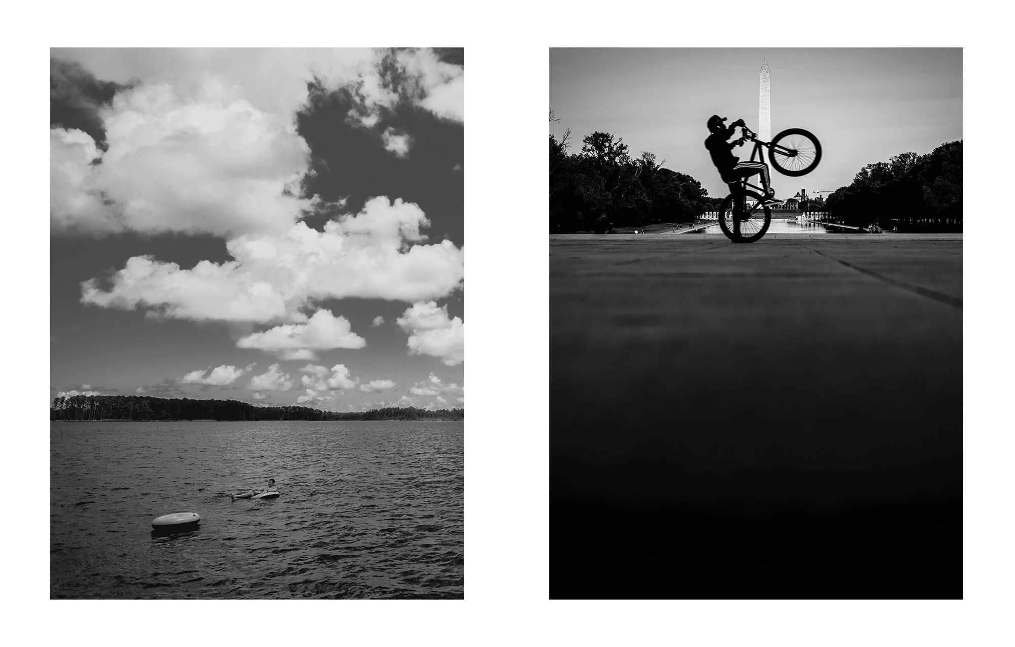 Black and white photographs featuring outdoor scenes: the left image shows a lake with floating objects and a person near the shoreline, and the right image depicts a silhouette of a cyclist performing a wheelie in front of the Washington Monument in