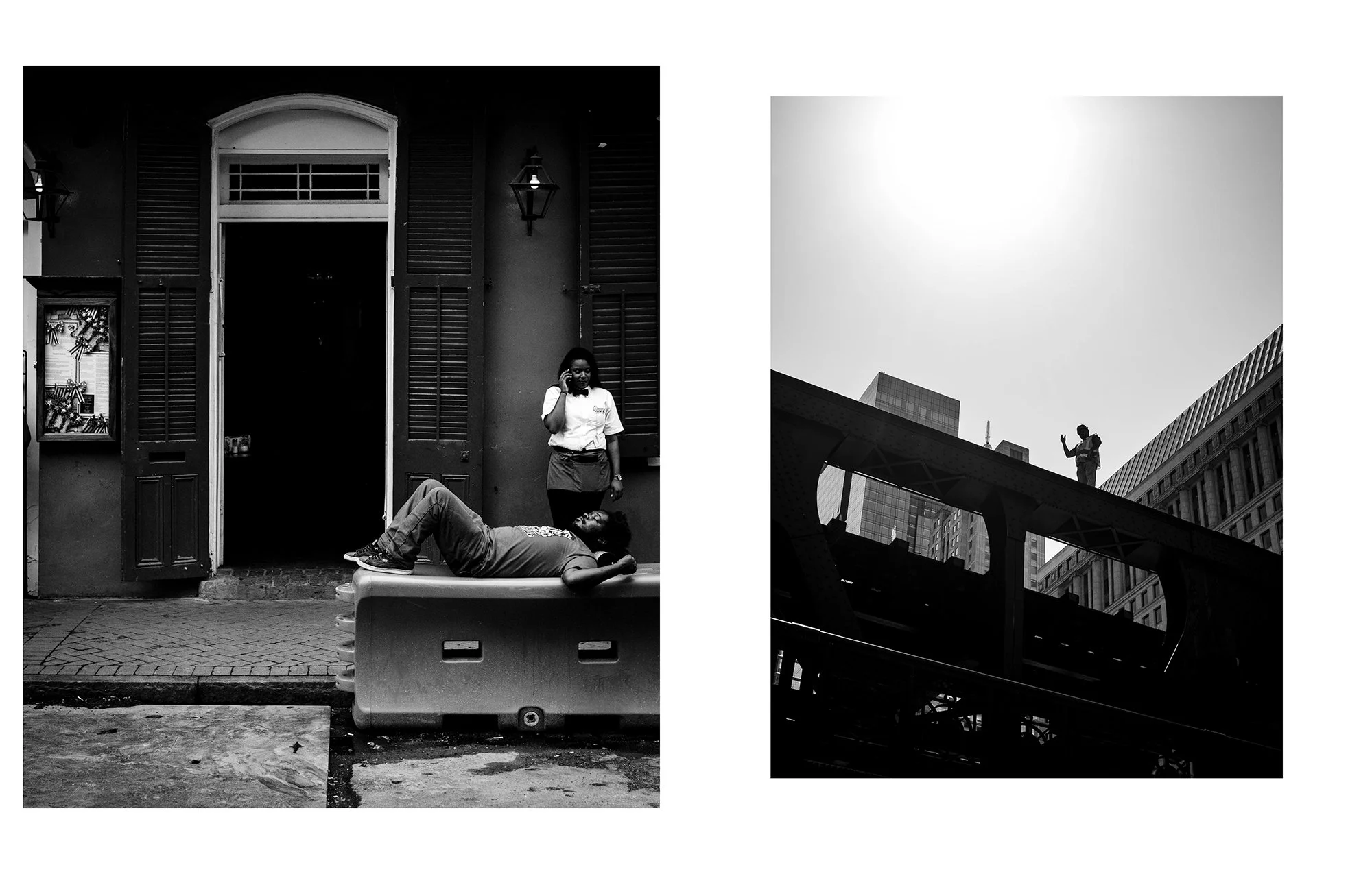 Two black-and-white photographs side by side. The left photo shows a person lying on a plastic barrier on the sidewalk in front of a building with open shutters, with a woman standing nearby, talking on her phone. The right photo depicts a person sta
