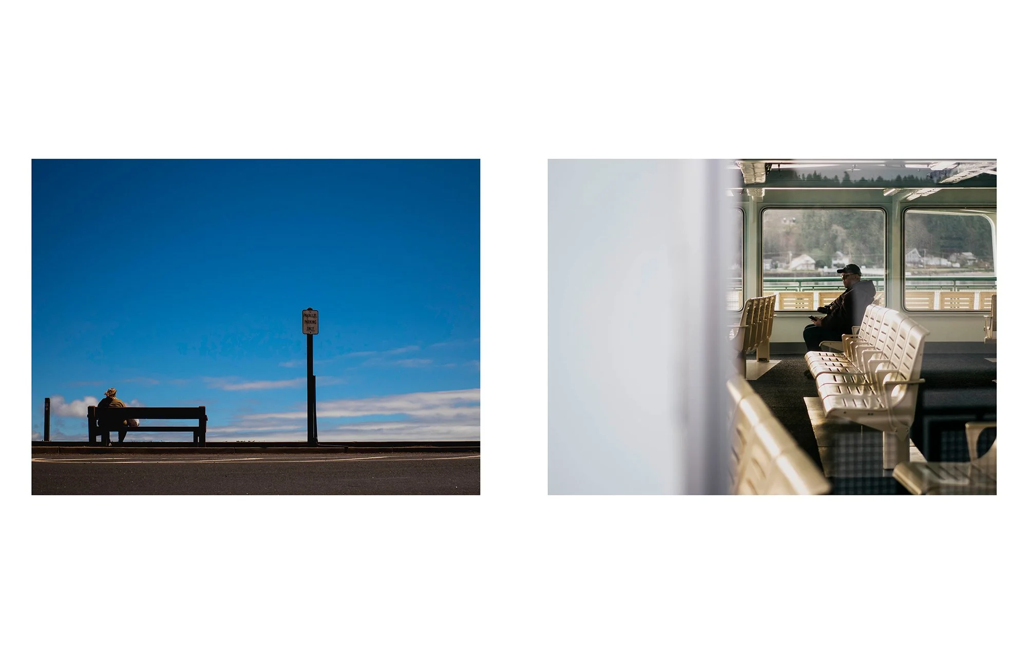 Left image shows a person sitting alone on a bench by the roadside facing the sky with clouds. Right image depicts a person sitting on a ferry or boat's interior, looking at their phone with large windows showing water and houses outside.