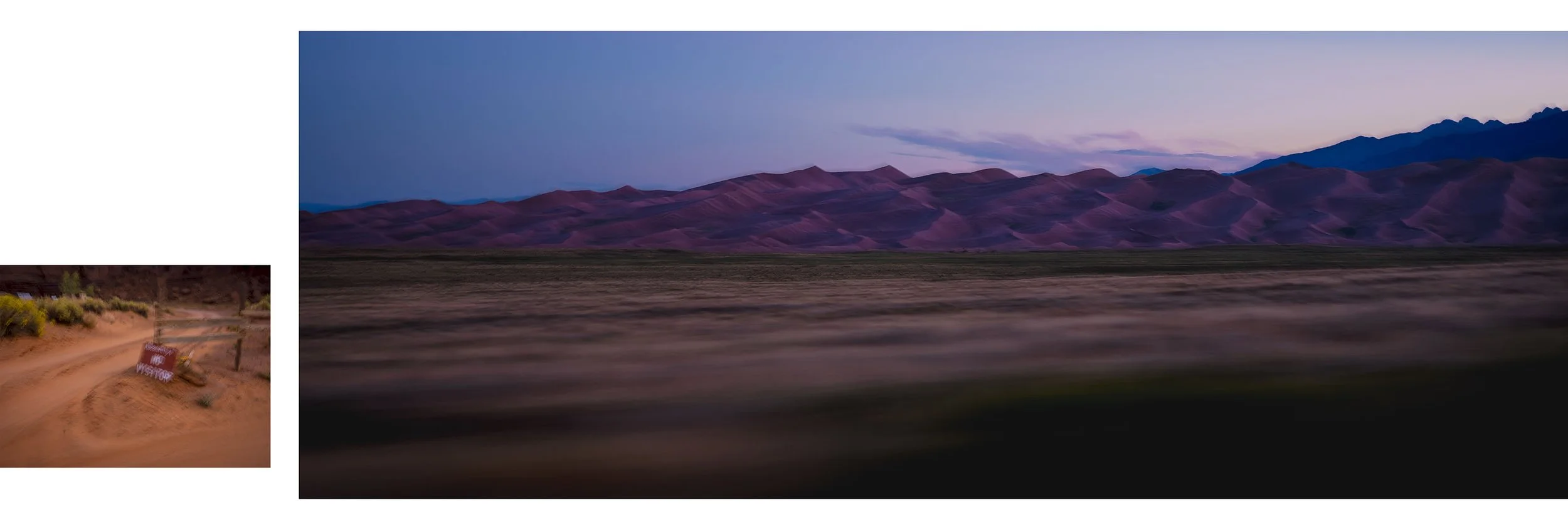 A landscape photograph taken from a moving vehicle showing purple mountains and a dusky sky in the distance, with a blurred foreground indicating motion.