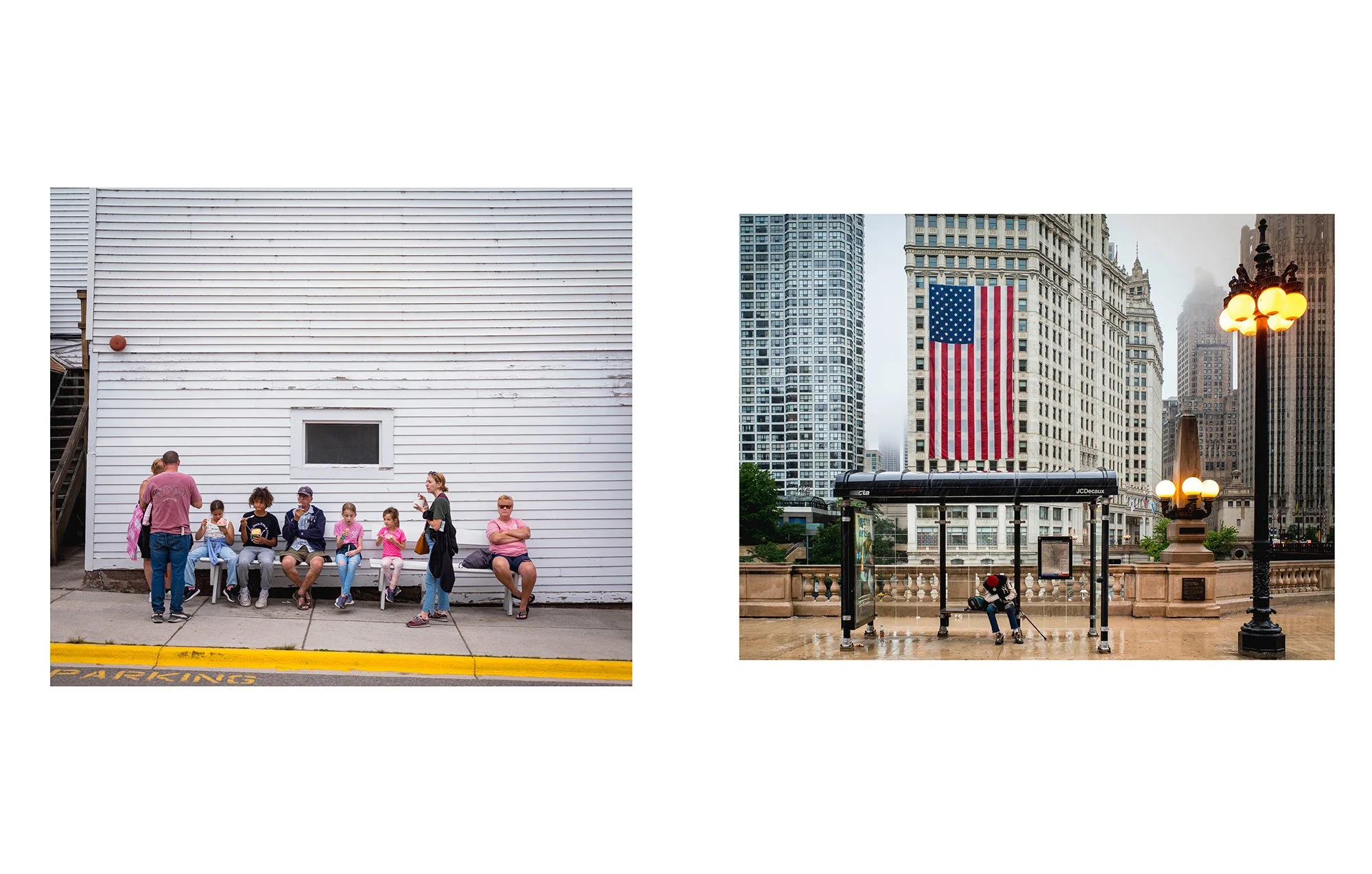 Two urban scenes: on the left, a group of people sitting and waiting near a white building on a sidewalk, with some standing and talking; on the right, a cityscape with tall buildings, an American flag hanging from one building, a bus stop with a per