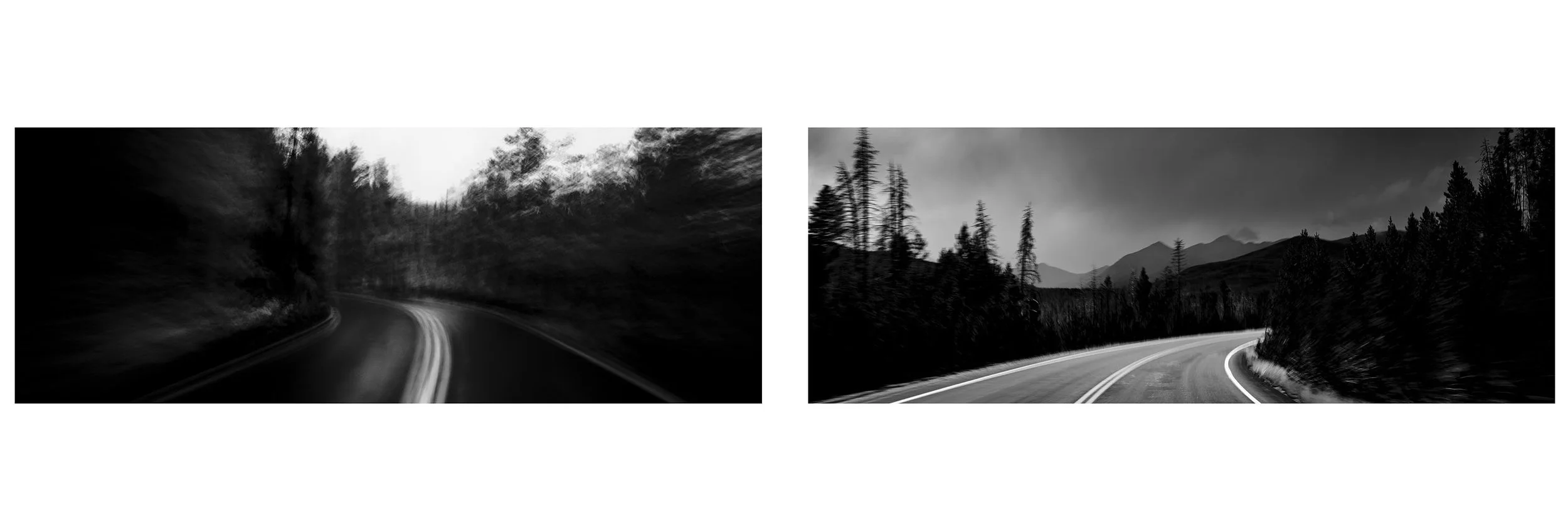 Side-by-side black and white photographs of winding mountain roads surrounded by trees with mountains in the background, one with motion blur and the other clear.