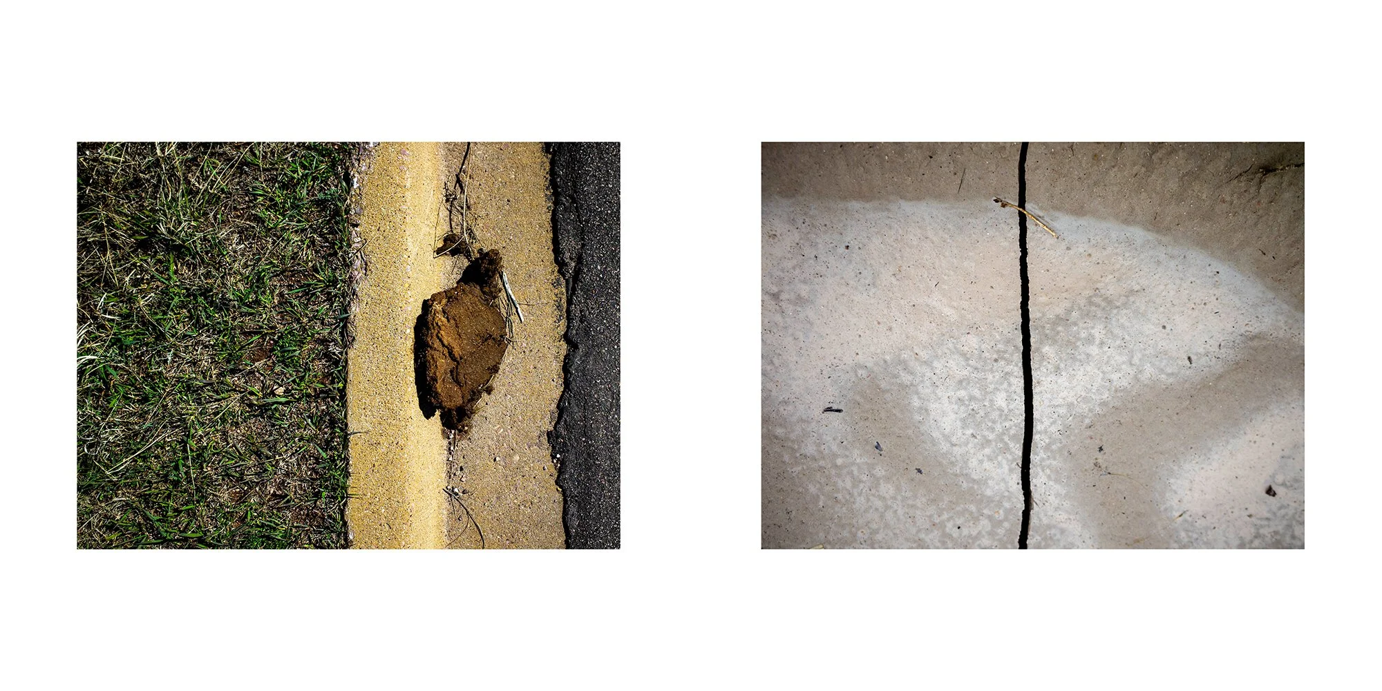Side-by-side comparison of two cracks on different surfaces: the left shows a crack with a clump of dirt on a paved surface with grass nearby; the right shows a more narrow, straight crack on a concrete surface.