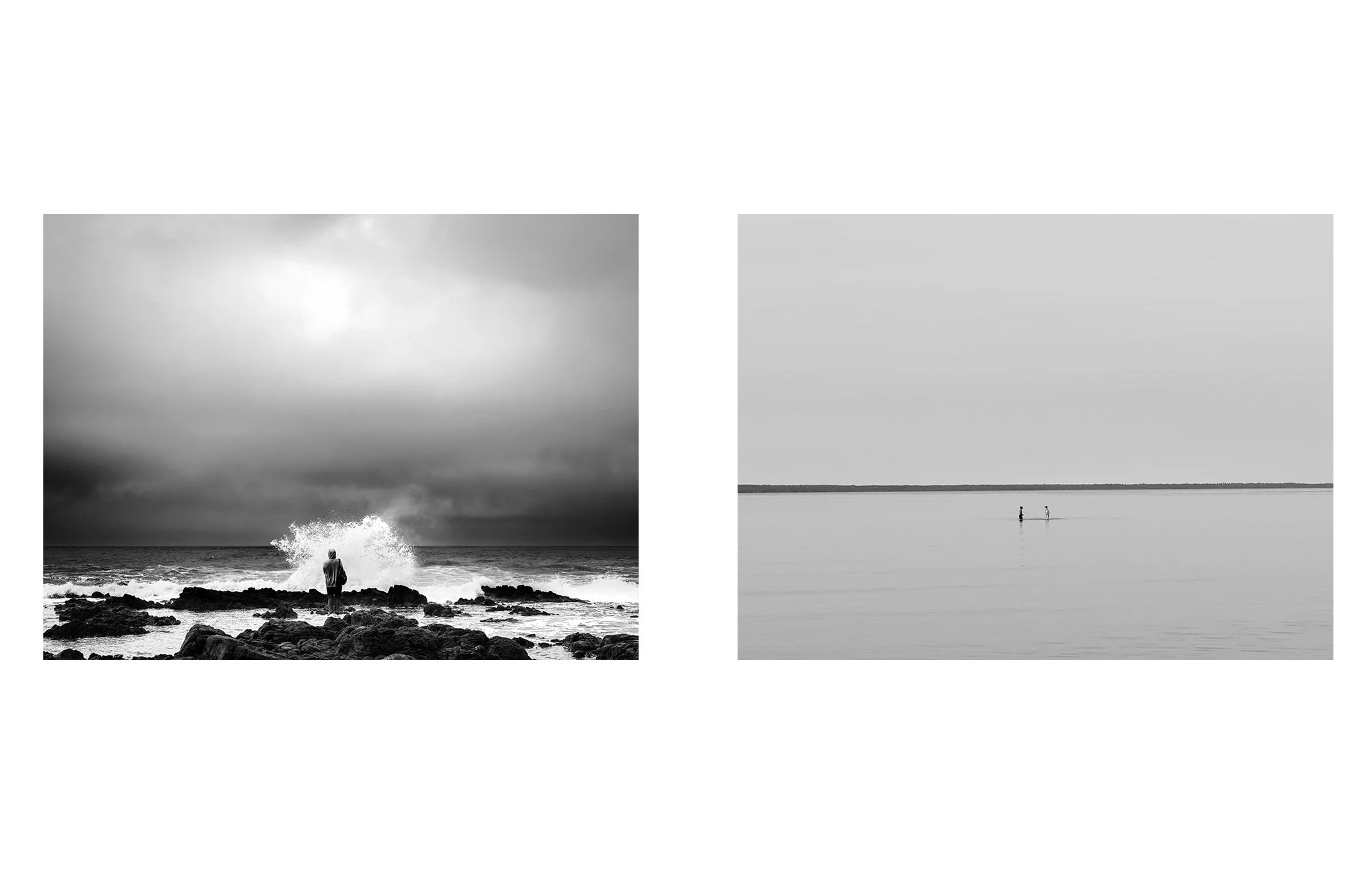 Black and white photos of people by the water, one on rocks with waves crashing, and two in the distance on a calm lake.