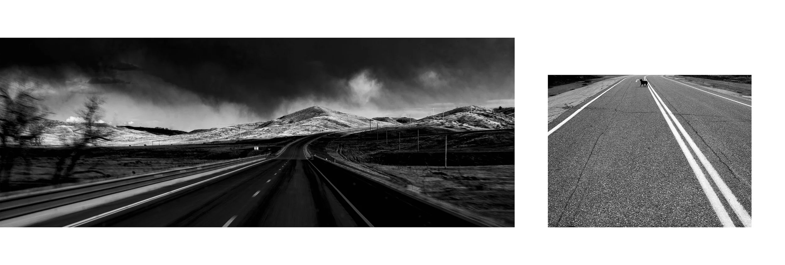A black and white photograph of a long, empty highway stretching through a hilly landscape under a dark, cloudy sky, with a side photo showing a close-up of the road's surface with double white lines and a dog crossing.