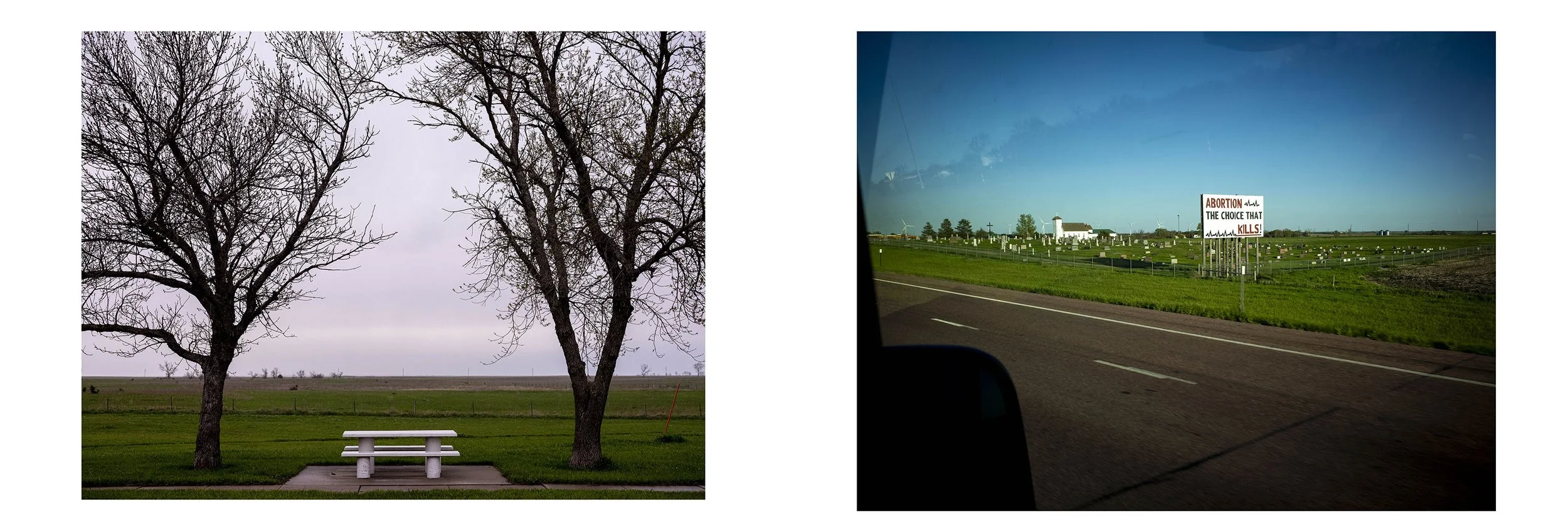 Left side: two leafless trees near a picnic table on a grassy area under a cloudy sky. Right side: view from a car window showing a rural landscape with a sign stating, 'ABORTION THE CHOICE THAT KILLS,' and a small white church in the distance agains