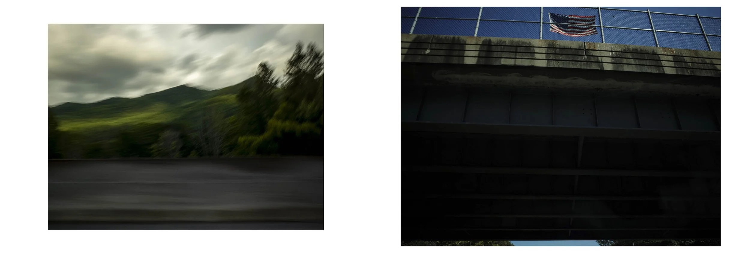 Blurred landscape of hills and trees on the left; underside of a bridge with an American flag hanging from a fence on the right.