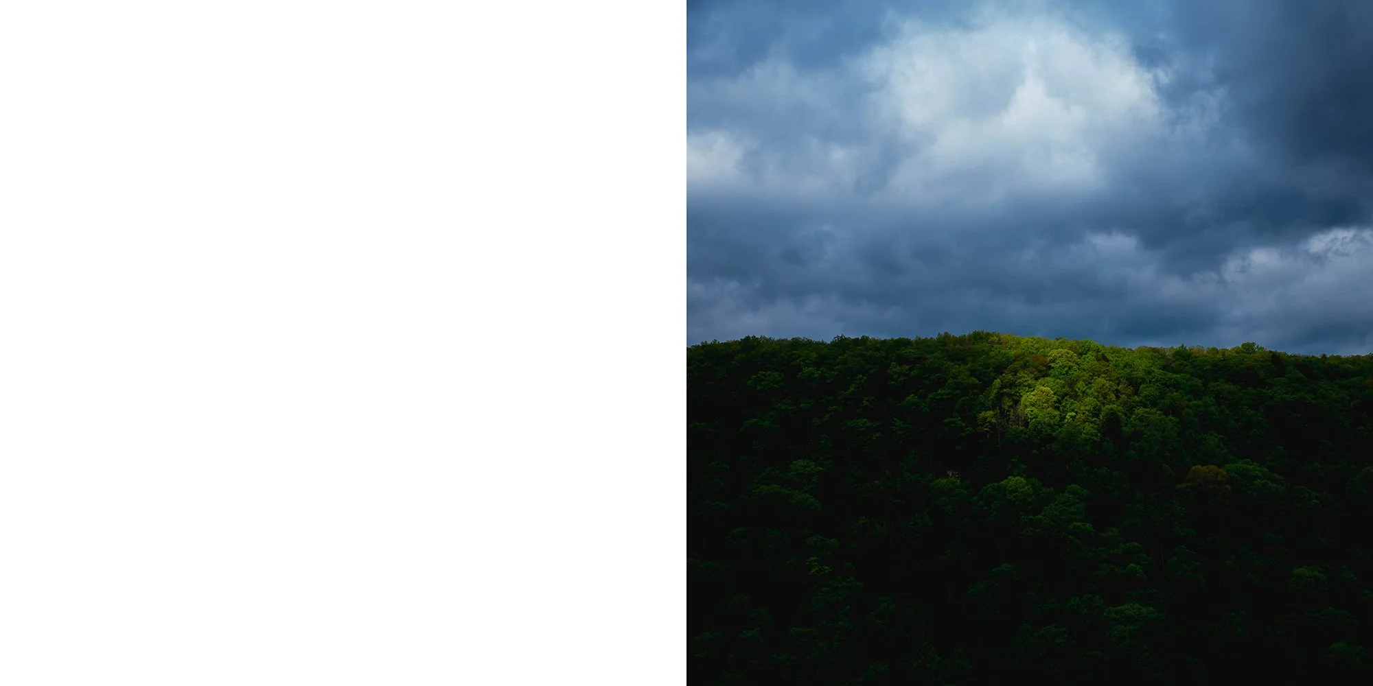 Dark storm clouds over a green forested hillside.