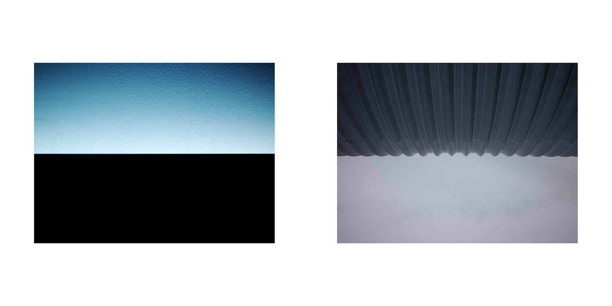 Two abstract images side by side: the left shows a gradient blue sky above a black silhouette of a horizon, the right depicts a dark, ribbed, curved structure with a white background and scattered points of light resembling stars.