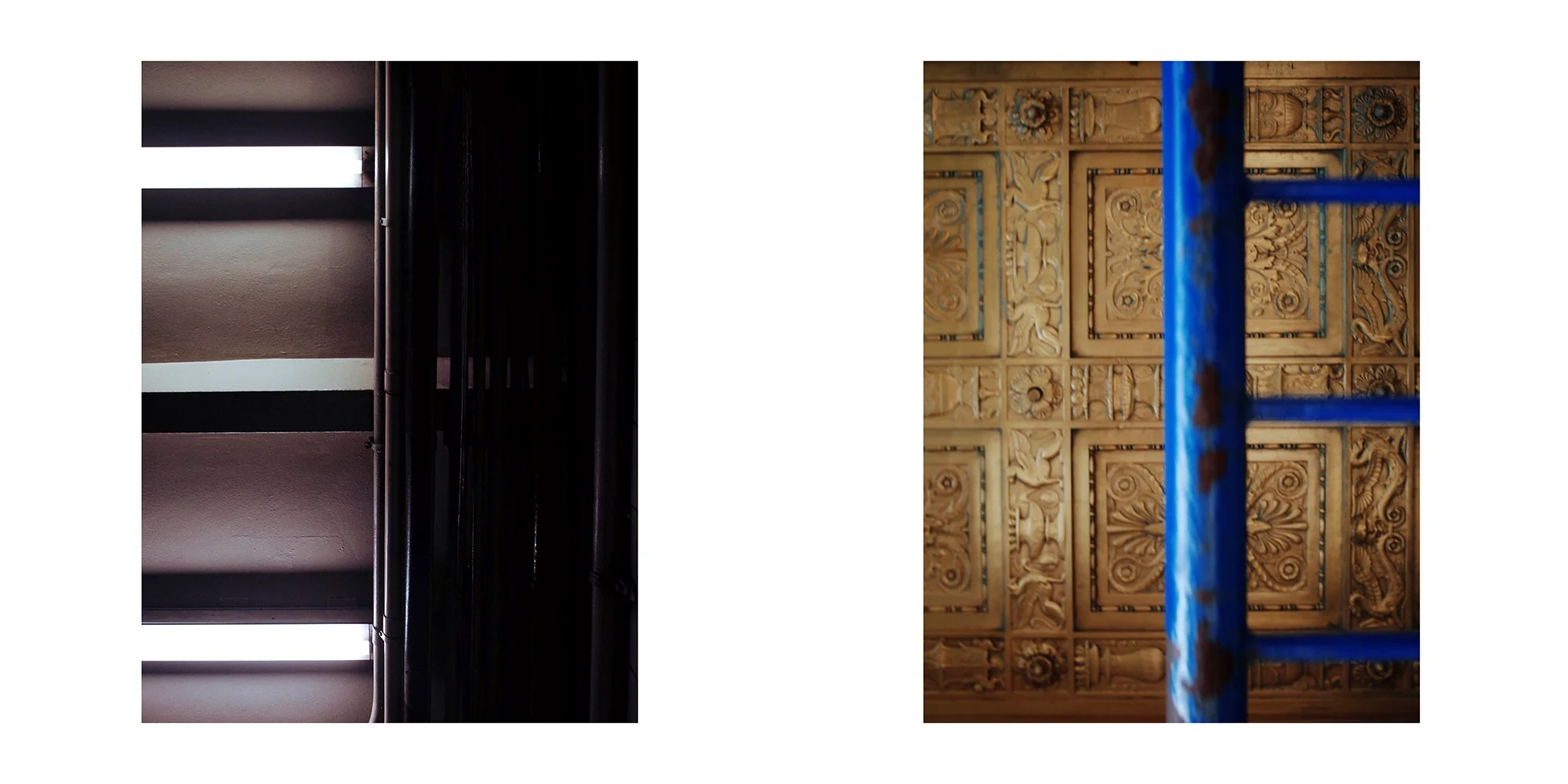A split view of two ceilings: the left showing a modern ceiling with horizontal white light strips and dark panels, the right presenting an ornate ceiling with intricate carvings and a blue scaffold.