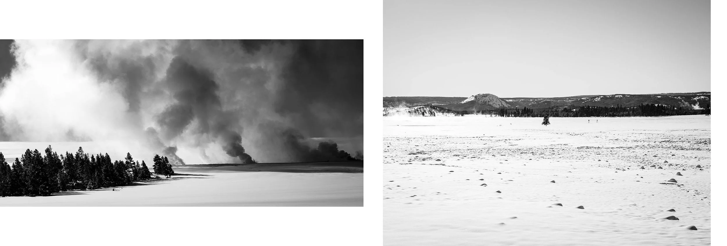 A split image showing a forest fire with billowing smoke on the left and a snow-covered landscape on the right, both in black and white.