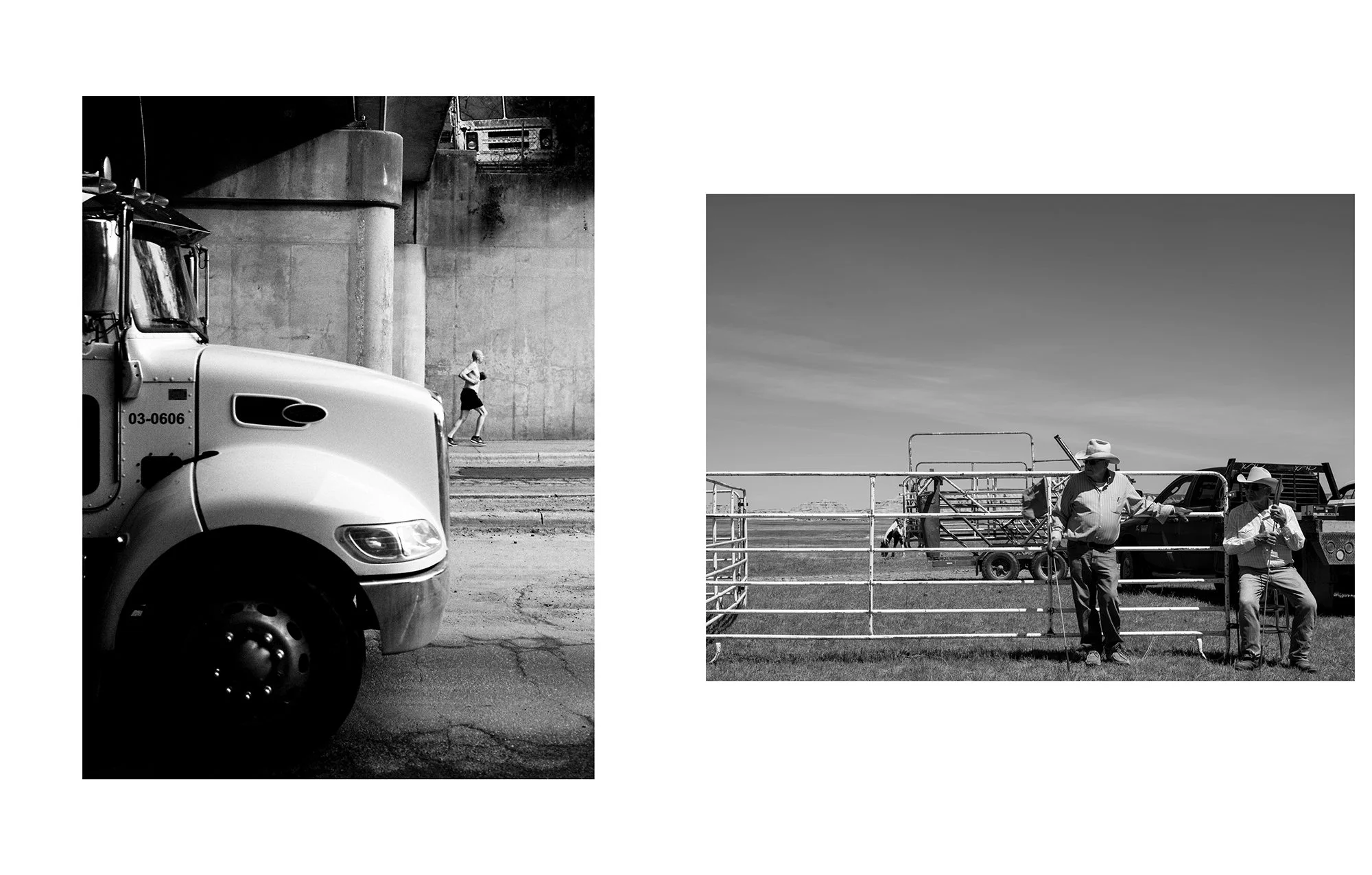 Side view of a large truck parked near a concrete wall with a person jogging in the background, black and white photo. On the right, two men in cowboy hats stand by a fence and a pickup truck, apparently at a rural or farm setting, black and white ph