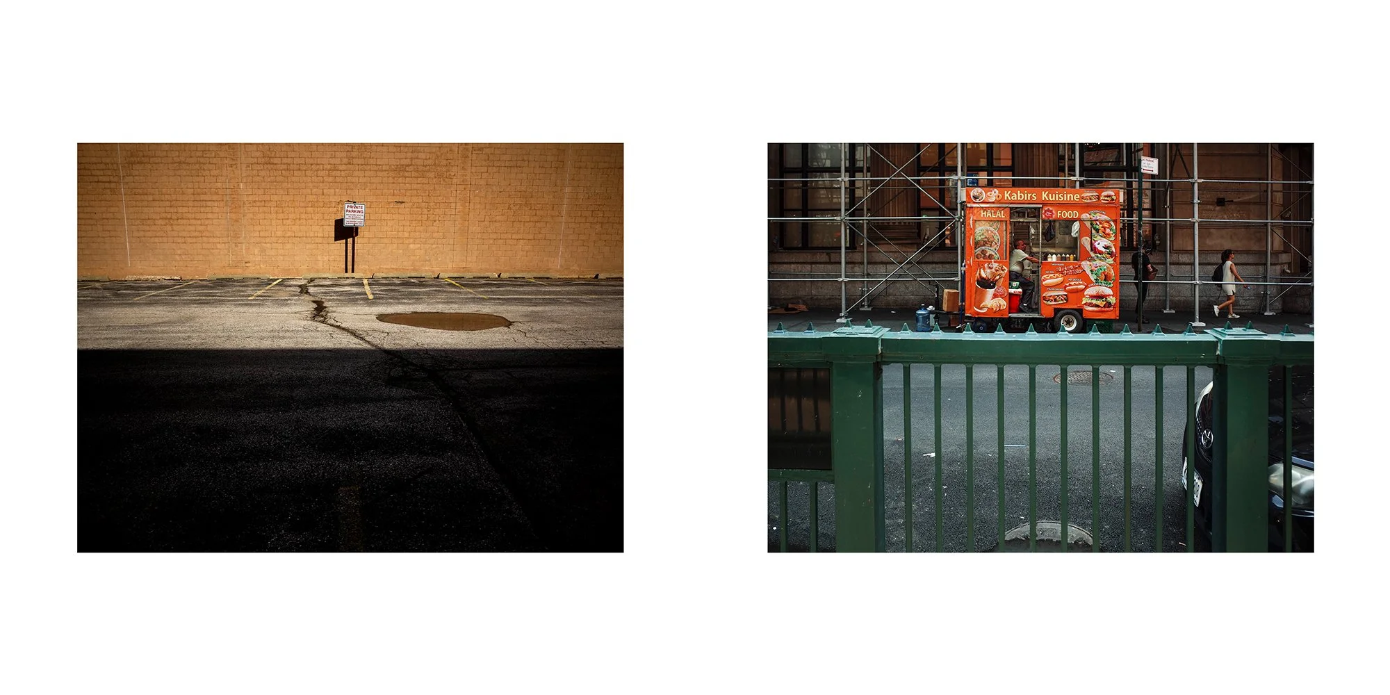 Side-by-side images: the left shows a mostly empty parking lot with a brick wall and a sign, the right shows a food cart with people, behind a green fence, with scaffolding in the background.