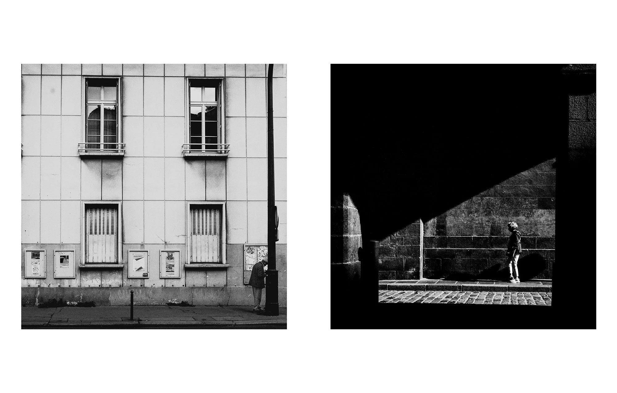 Two black and white photos of urban scenes. The left photo shows a building facade with three windows, some covered by blinds, and a man standing by a pole casting a shadow. The right photo captures a lone woman walking against a wall with dramatic s