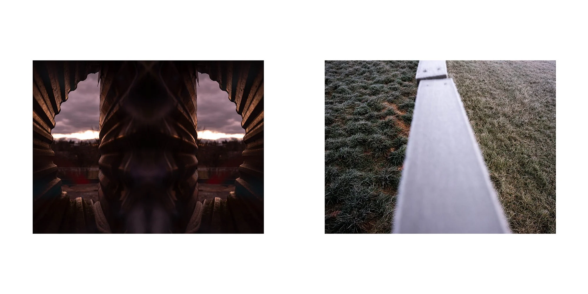 Side-by-side images showing a close-up of a metal pipe with textured ridges and a landscape shot from above of a grassy field divided by a straight metal strip.