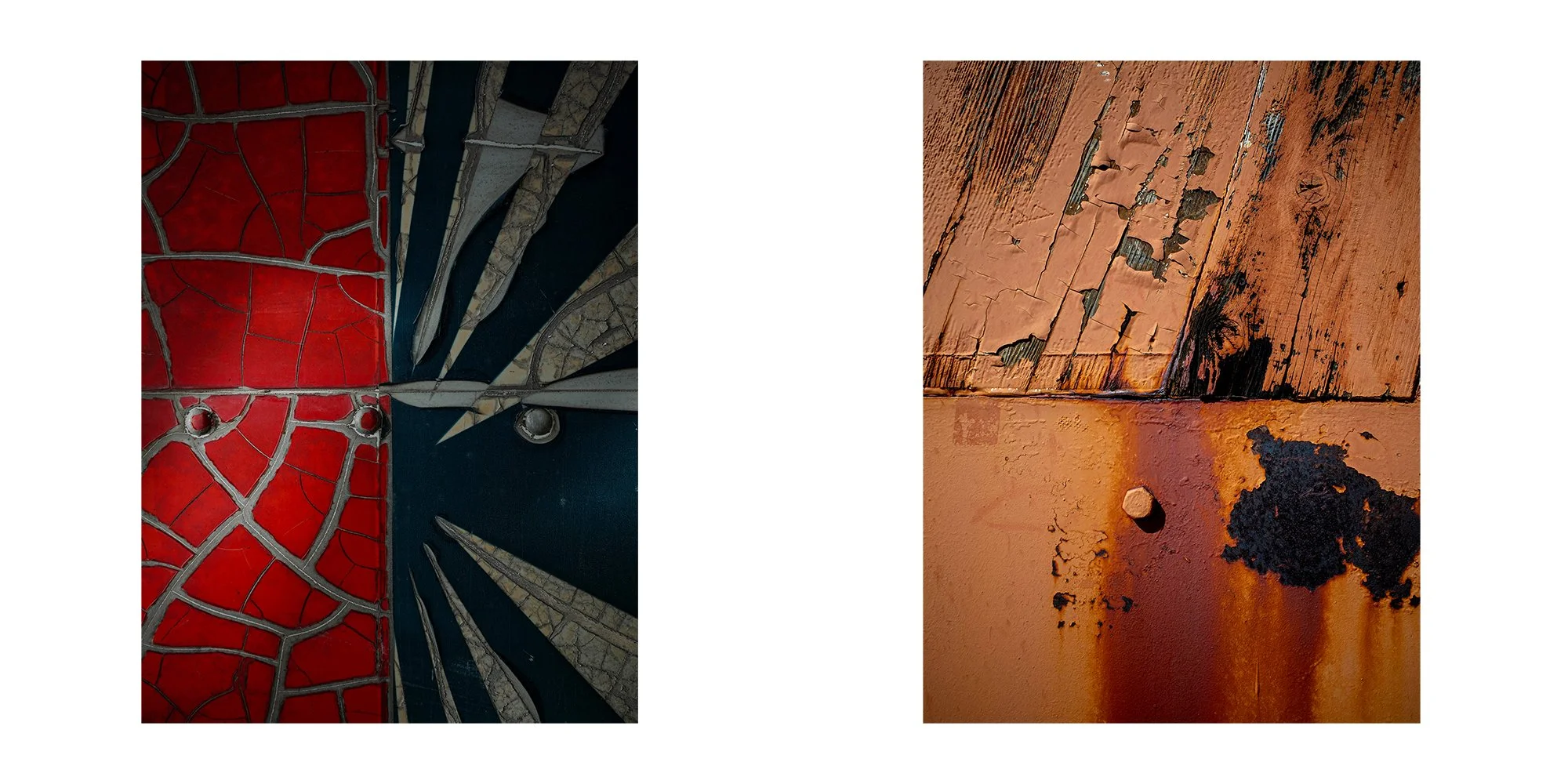 Comparison of two textured wall surfaces, one with painted, cracked wood panels and the other with painted, cracked metal surface.
