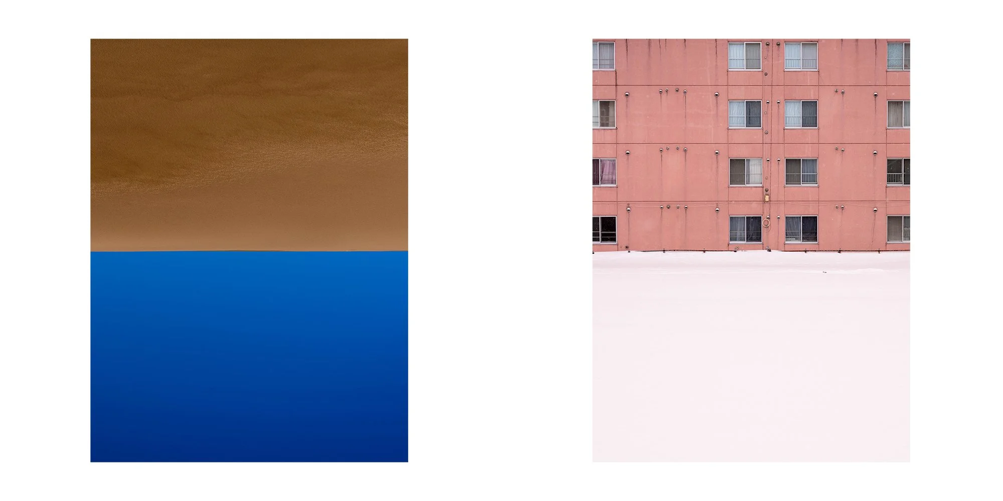 Side-by-side images of modern, minimalist architectural scenes. The left image shows a building with a brown upper section and a lower bright blue section. The right image depicts a pinkish-orange building facade with multiple windows and visible ext