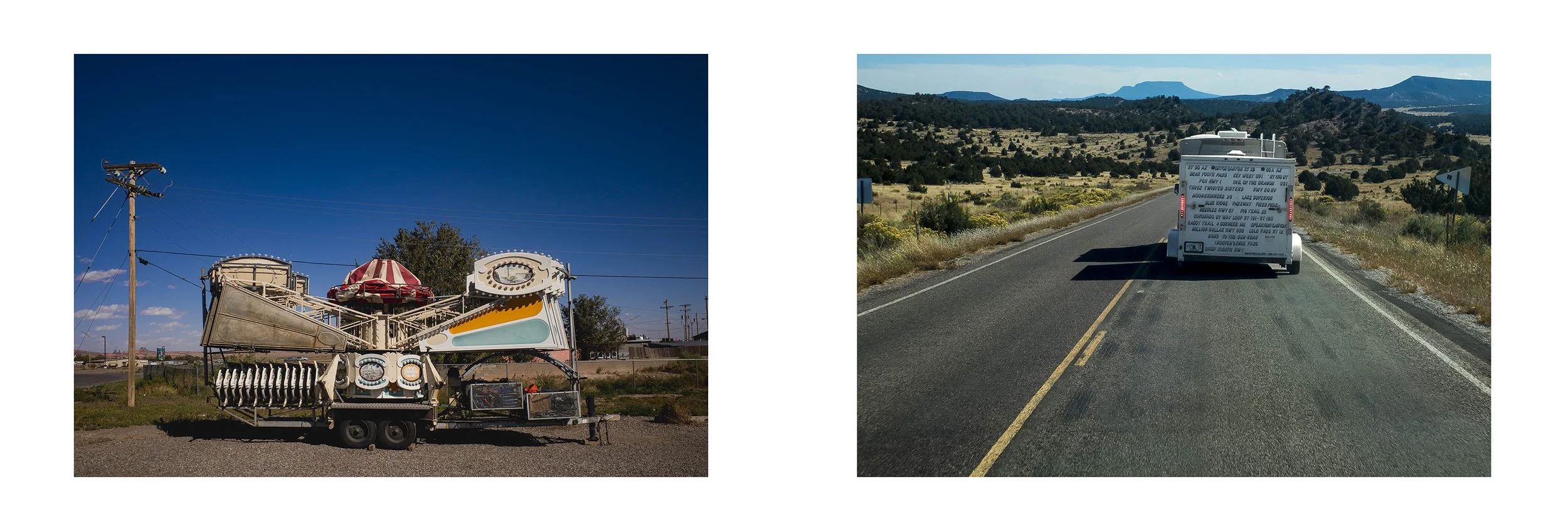A carnival ride carousel with a red and white striped canopy on a trailer towed by a vehicle on a clear day with a blue sky, and a camper trailer traveling down a two-lane road through a scenic rural landscape with mountains in the background.
