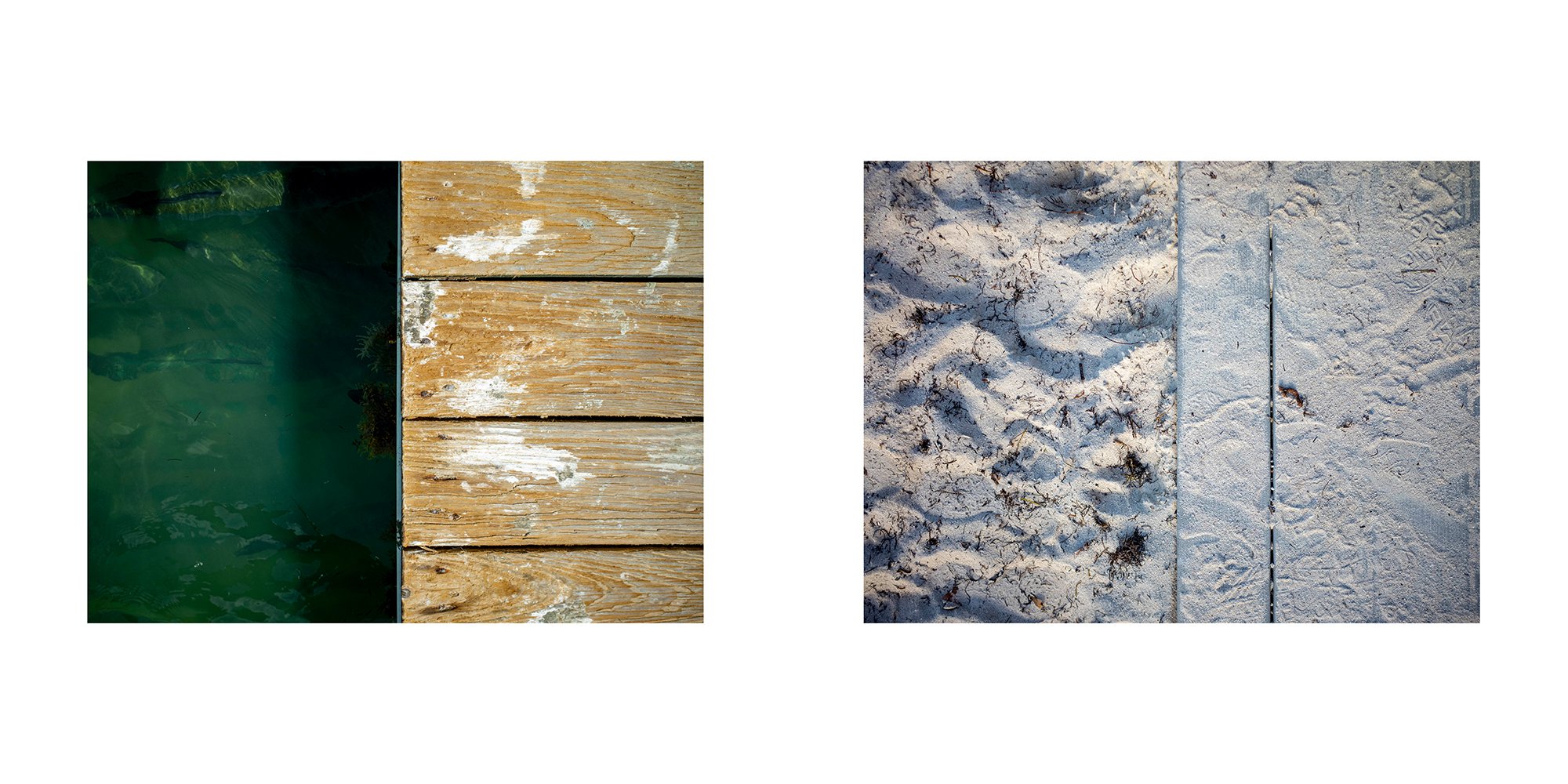 Comparison of two textures: the left side shows a close-up of a wooden dock or deck with weathered planks, and the right side shows a sandy surface with footprints and two parallel metal or wooden bars embedded in the sand.