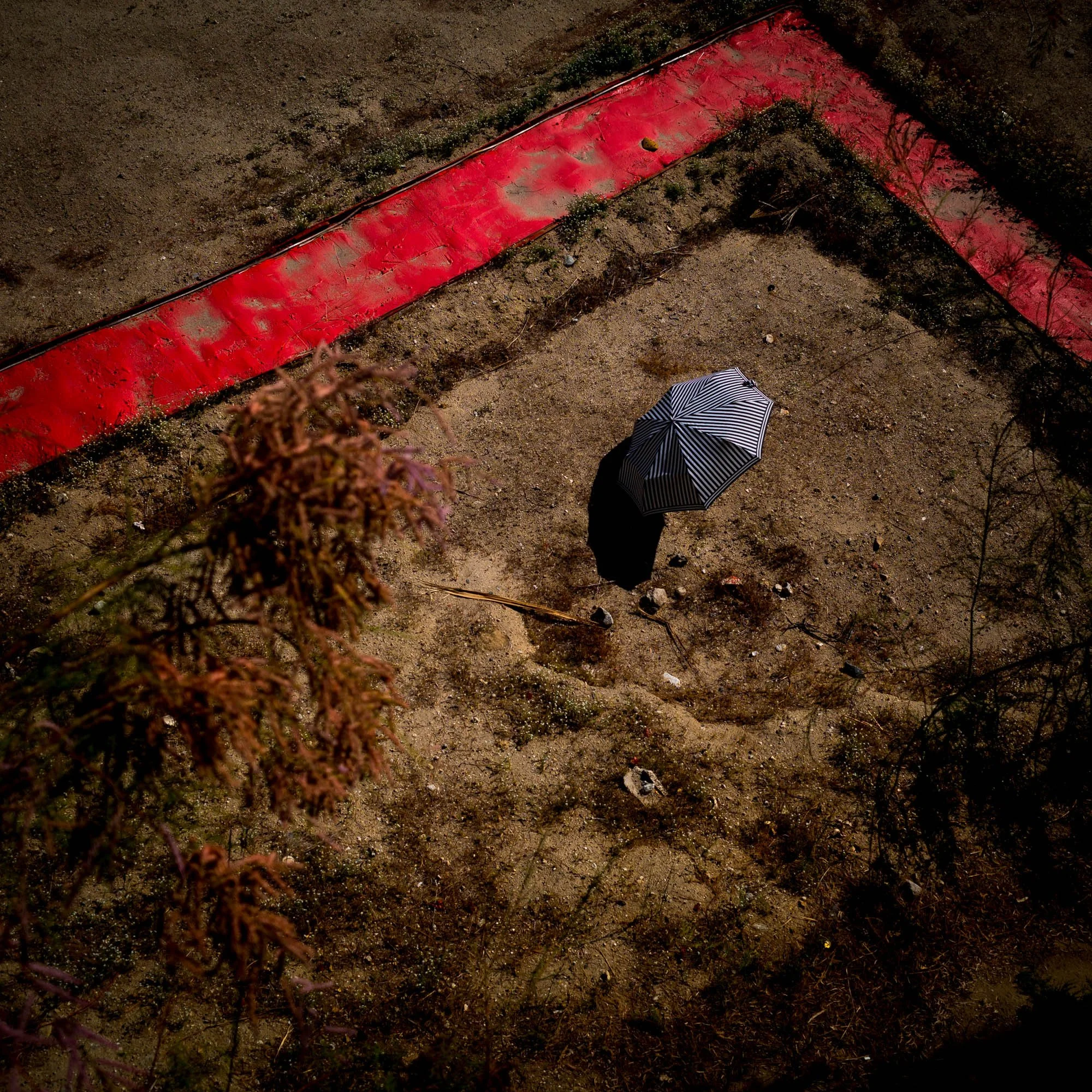 A person holding a striped umbrella standing alone in an empty dirt area surrounded by a dirt border and trees, in an aerial view.