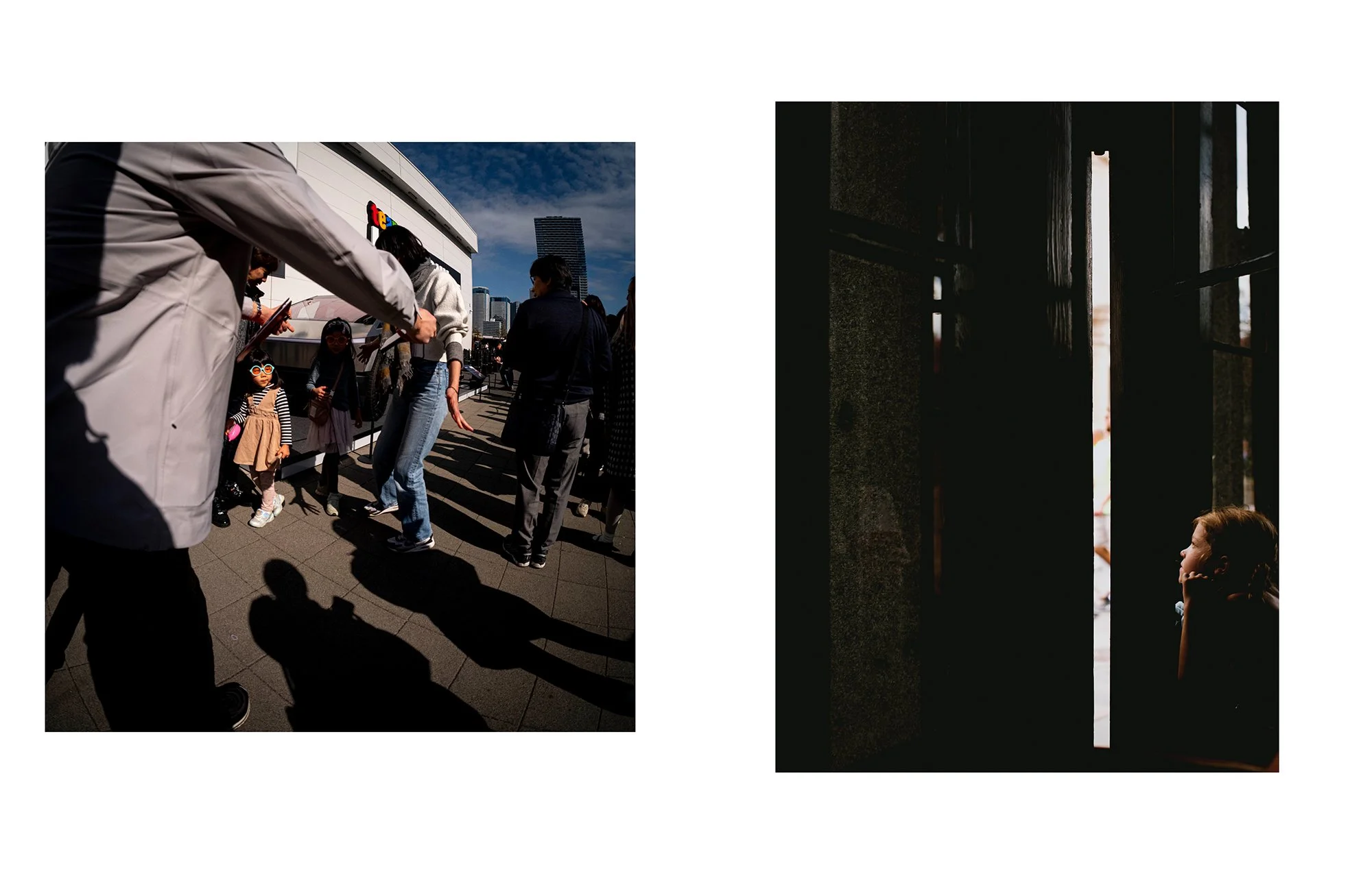 Two contrasting photographs: the left shows people waiting outdoors in sunlight with shadows, in an urban setting, while the right shows a child looking through a dark, narrow opening, with the light of the outside visible at the end of the opening.