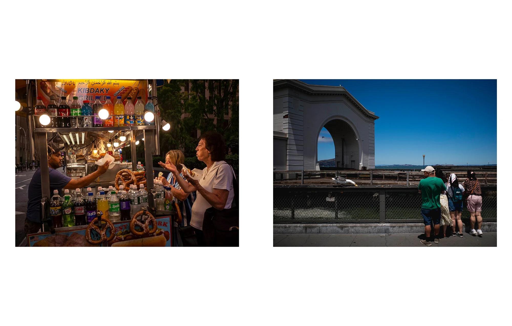 Left image shows a street food vendor selling hot dogs and pretzels with bottles of soda and water, with a customer buying food under street lights. Right image shows four people looking at the San Francisco Ferry Building arch under a clear blue sky