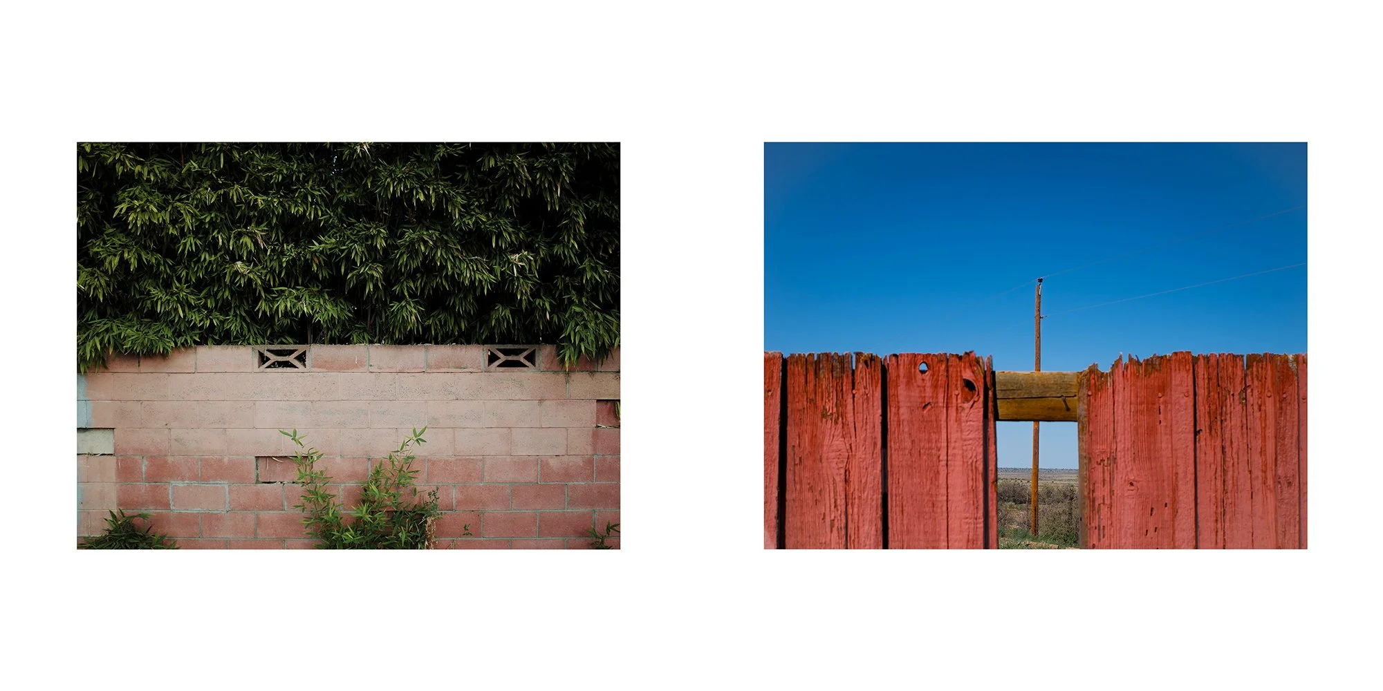 Two photos showing different fences: the left photo shows a brick fence topped with lush green foliage, and the right photo shows a red wooden fence with a small opening under a clear blue sky.