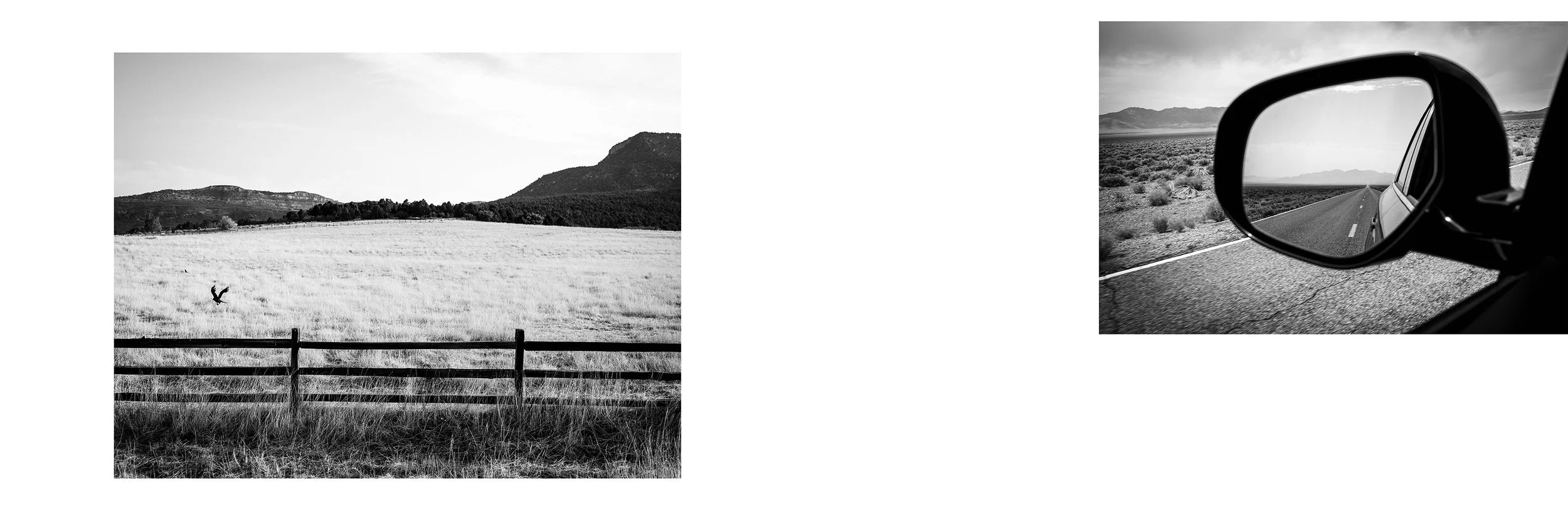 Black and white photo of a rural landscape with a fence, grassy field, mountains, and a bird flying in the sky; adjacent photo shows a side mirror of a car reflecting a road and desert landscape in a remote area.