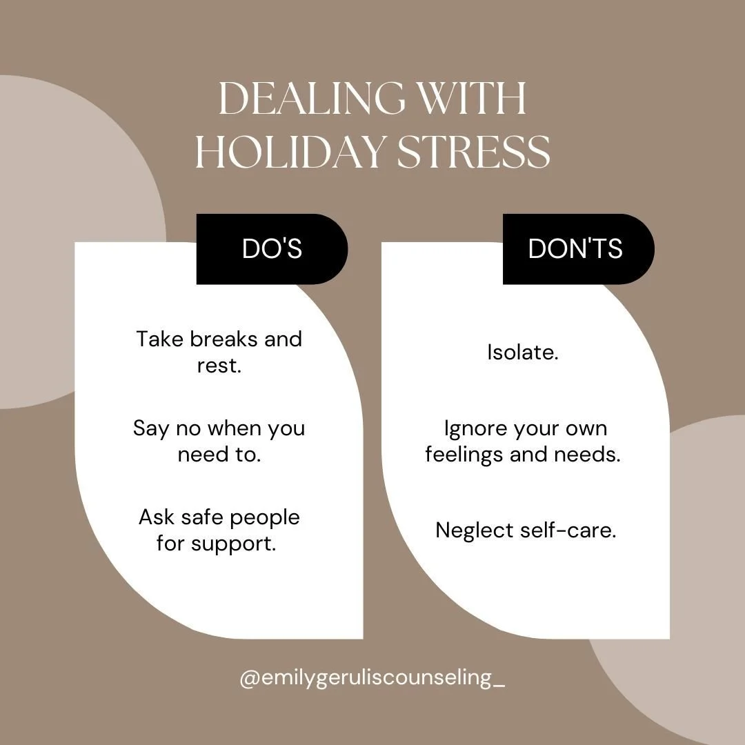 The holidays can be stressful, but engaging in and avoiding certain behaviors can help you maintain balance and enjoy the season. Here are some holiday stress &quot;do's&quot; and &quot;don'ts&quot; to keep in mind:

DO:
▪️ Take breaks and rest. 
▪️ 