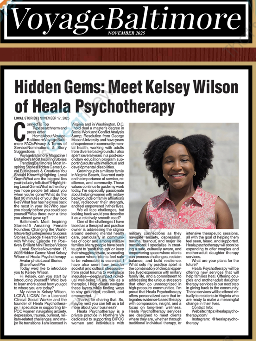 Cover of VoyageBaltimore magazine, November 2025, featuring an article about Kelsey Wilson of Heala Psychotherapy.