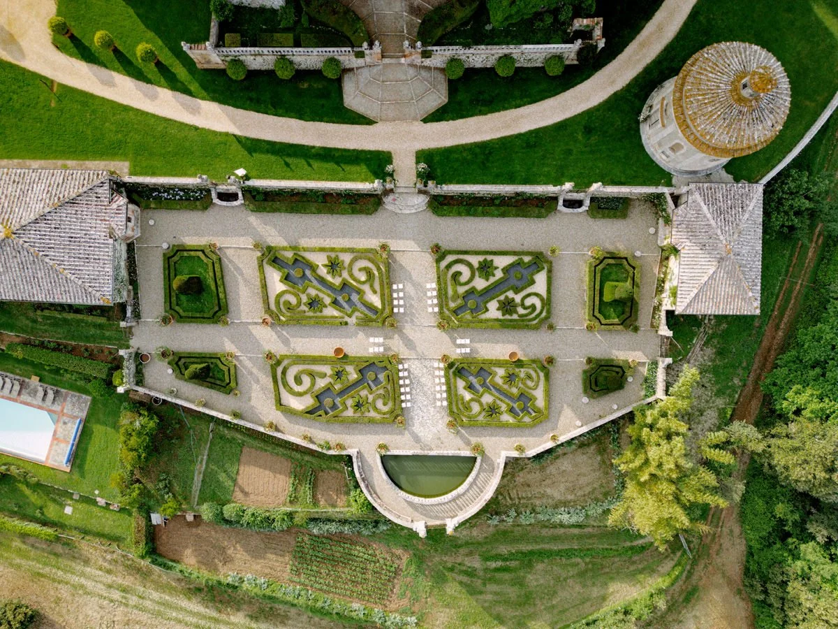 Aerial view of the Italian garden at Castello di Celsa where wedding ceremonies take place.